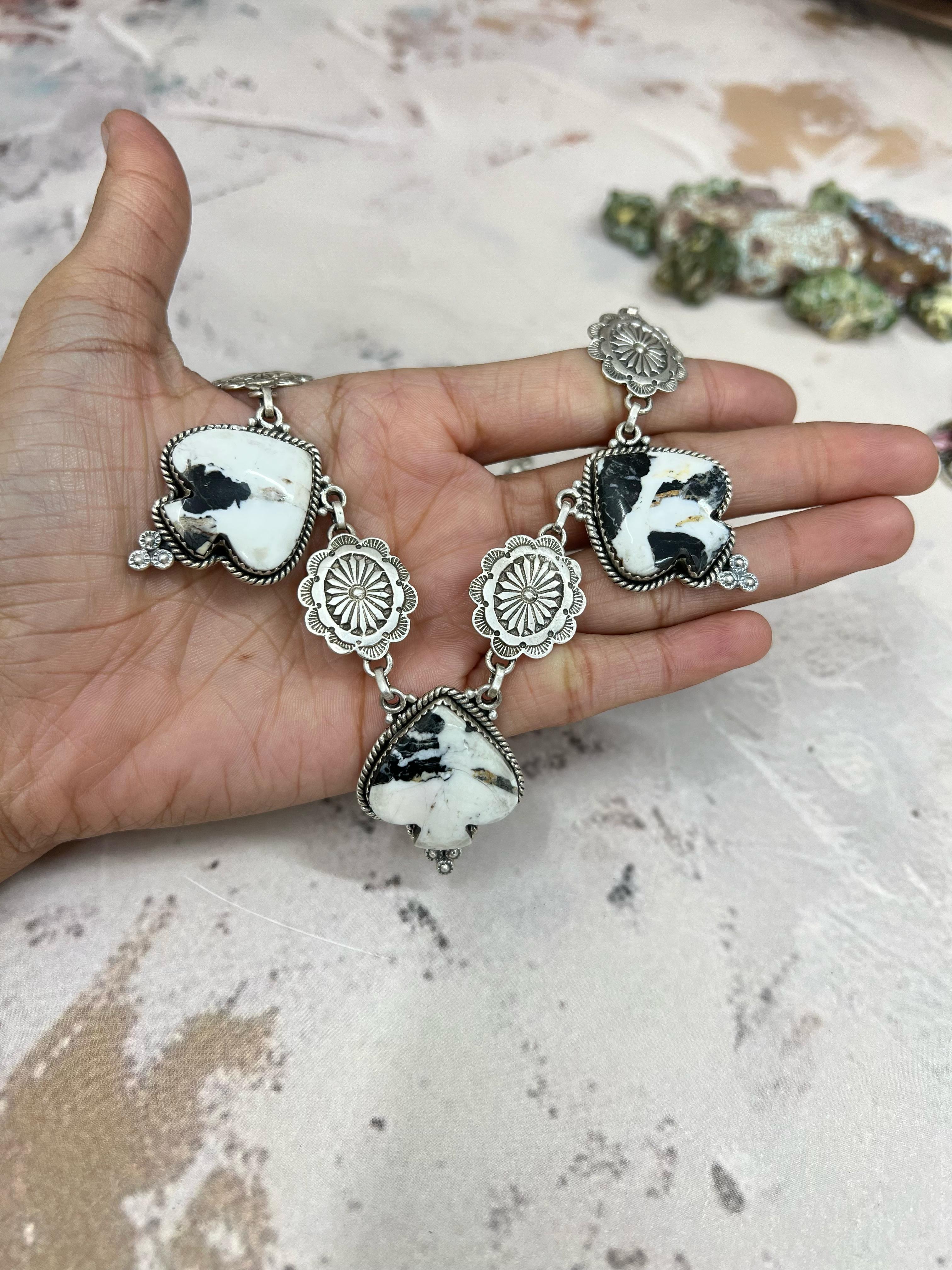 Handmade Sterling Silver White Buffalo, Royston Turquoise, Dahlia Rose Necklace, Signed Nizhoni