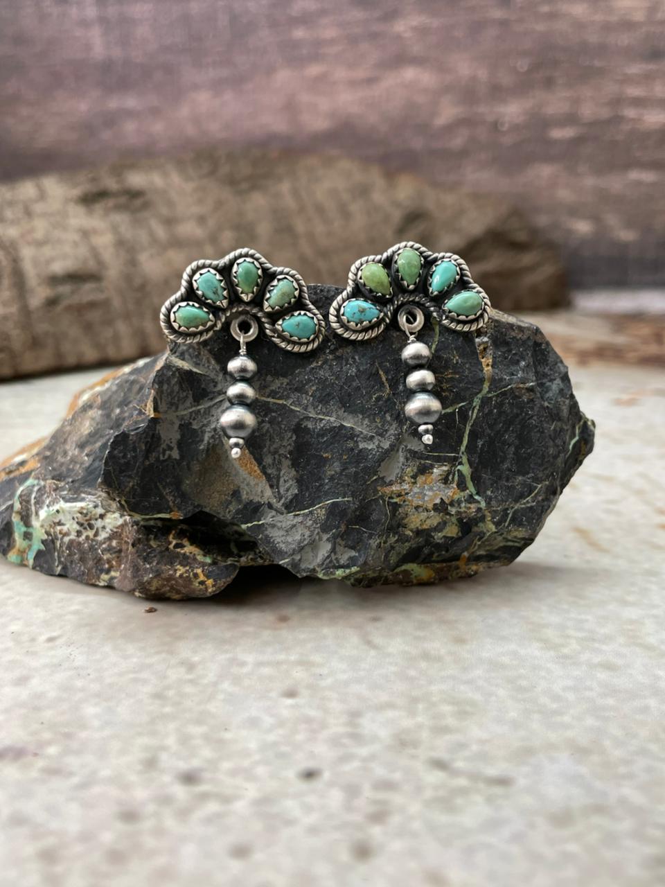 Handmade Sterling Silver Beaded Kingman Turquoise Post Dangle Earrings "Signed Nizhoni"
