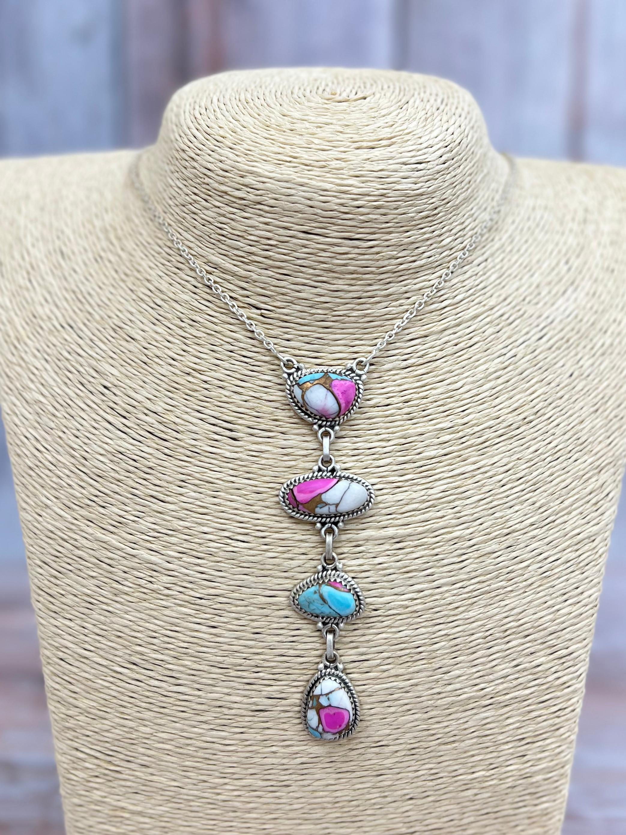 Handmade Sterling Silver Cotton Candy Turquoise Necklace with Signed Nizhoni