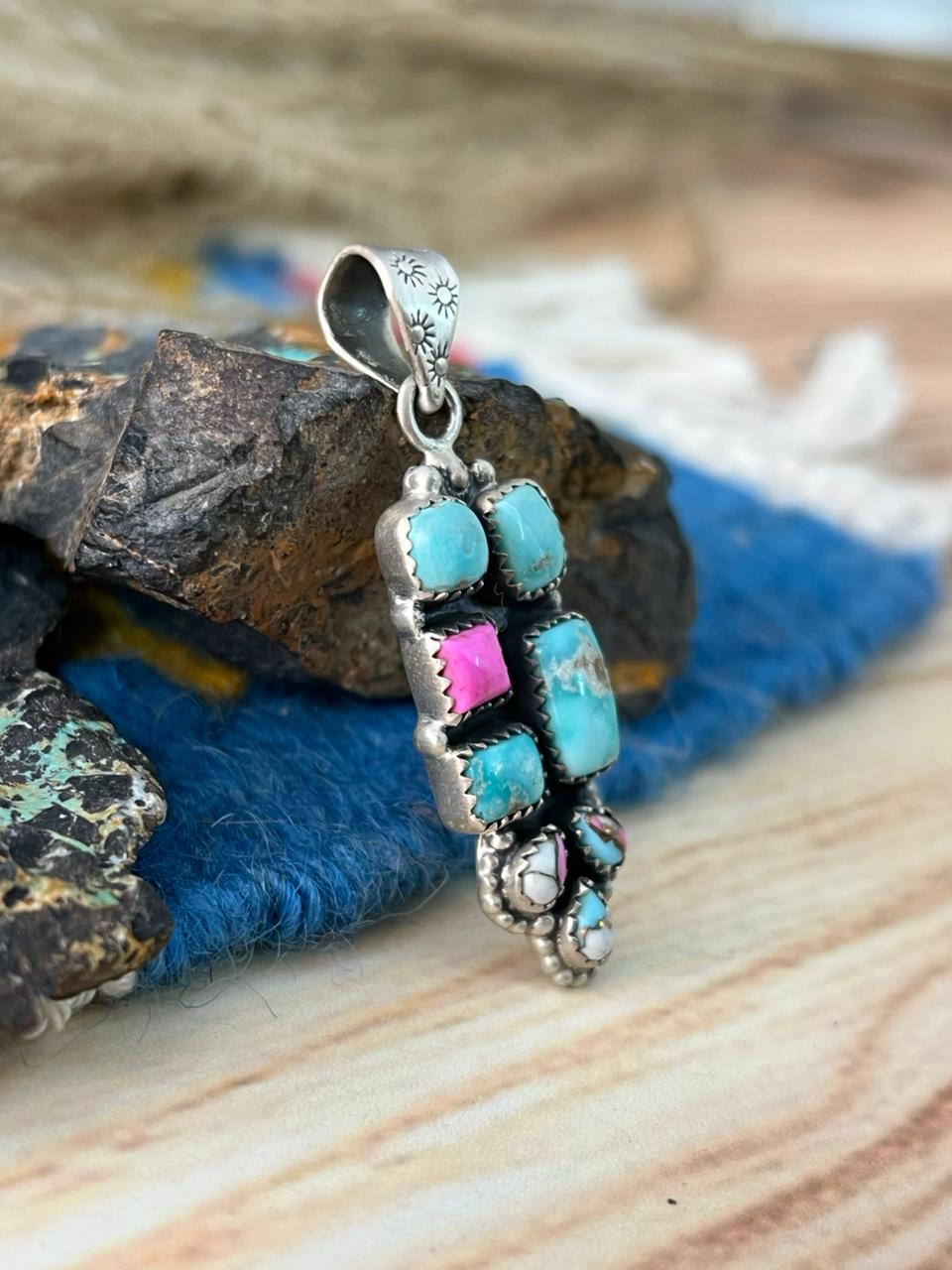 Handmade Sterling Silver Cotton Candy with White Water Turquoise Pendant "Signed Nizhoni"