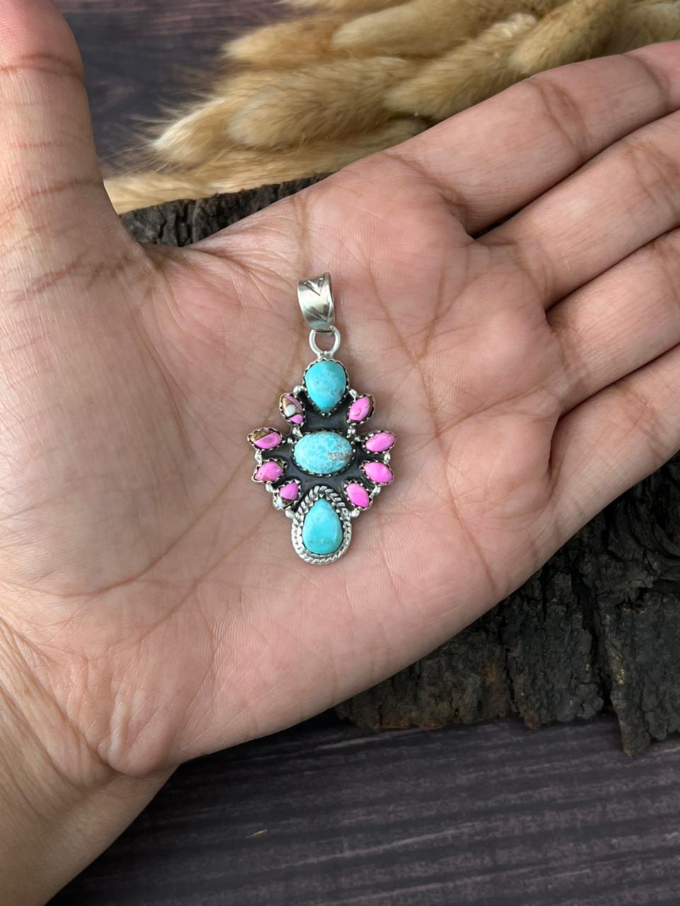 Handmade Sterling Silver White Water Turquoise with Cotton Candy Pendant "Signed Nizhoni"