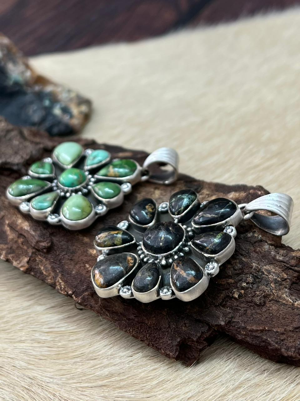 Handmade Sterling Silver Sonoran Mountain Turquoise, Blackjack Pendant "Signed Nizhoni"