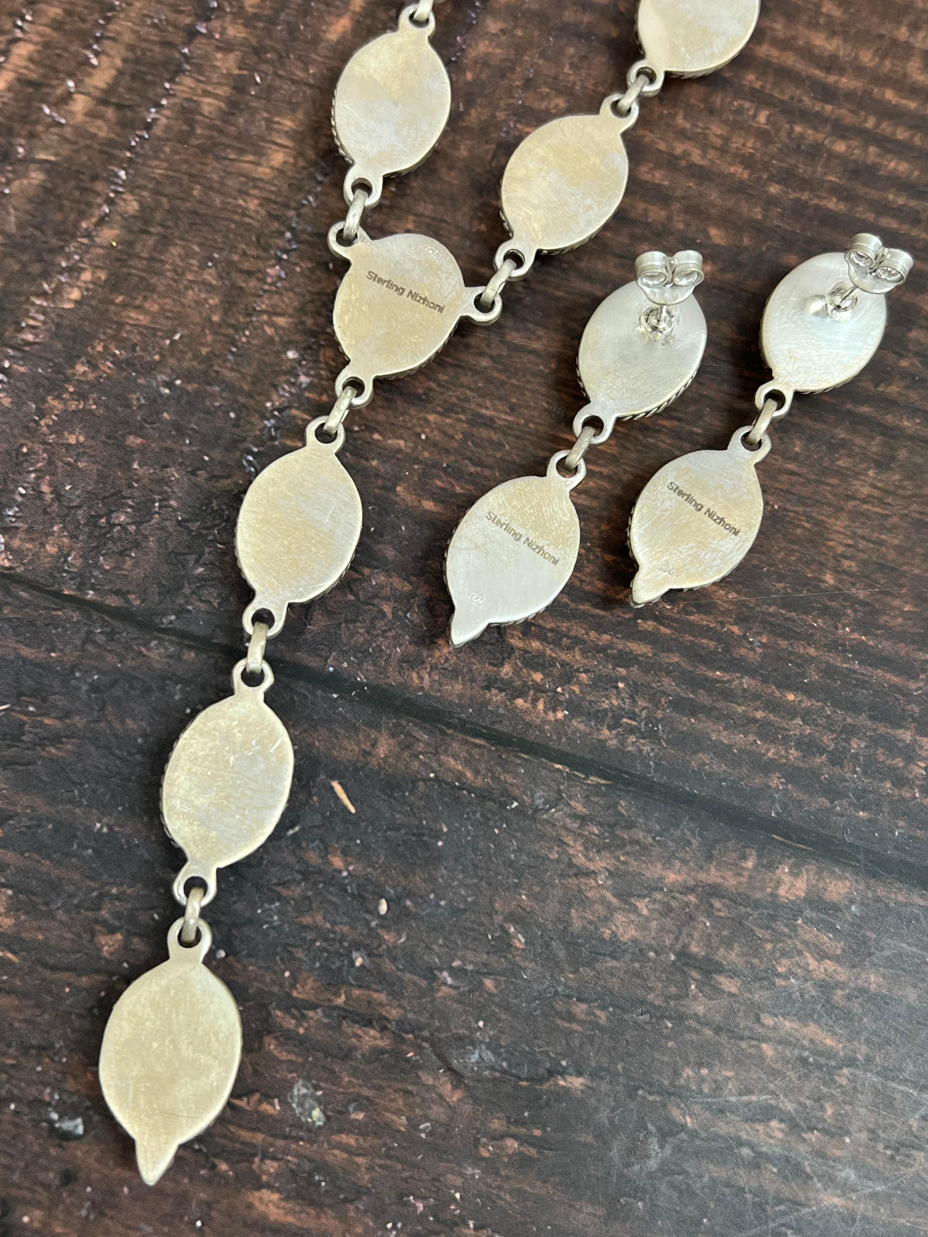 Handmade Sterling Silver Cotton Candy Turquoise Necklace Earrings Set with Signed Nizhoni