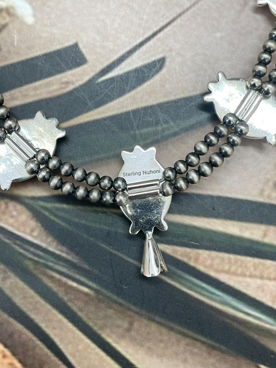 Handmade Sterling Silver Kingman Turquoise Beaded Blossom Necklace "Signed Nizhoni"