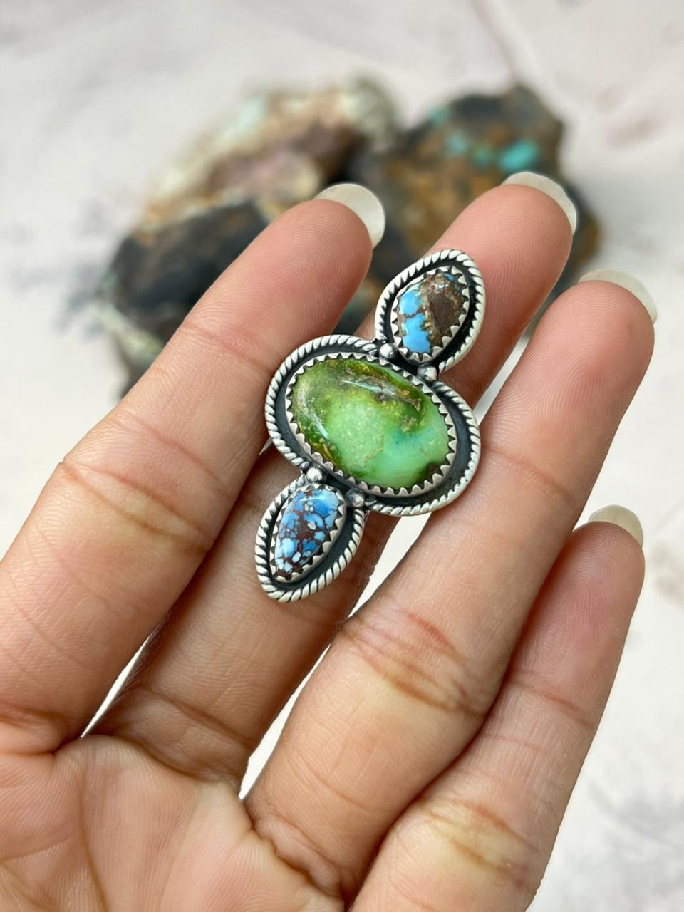 Handmade Sterling Silver Sonoran Mountain with Golden Hills Turquoise Adjustable Ring "Signed Nizhoni"