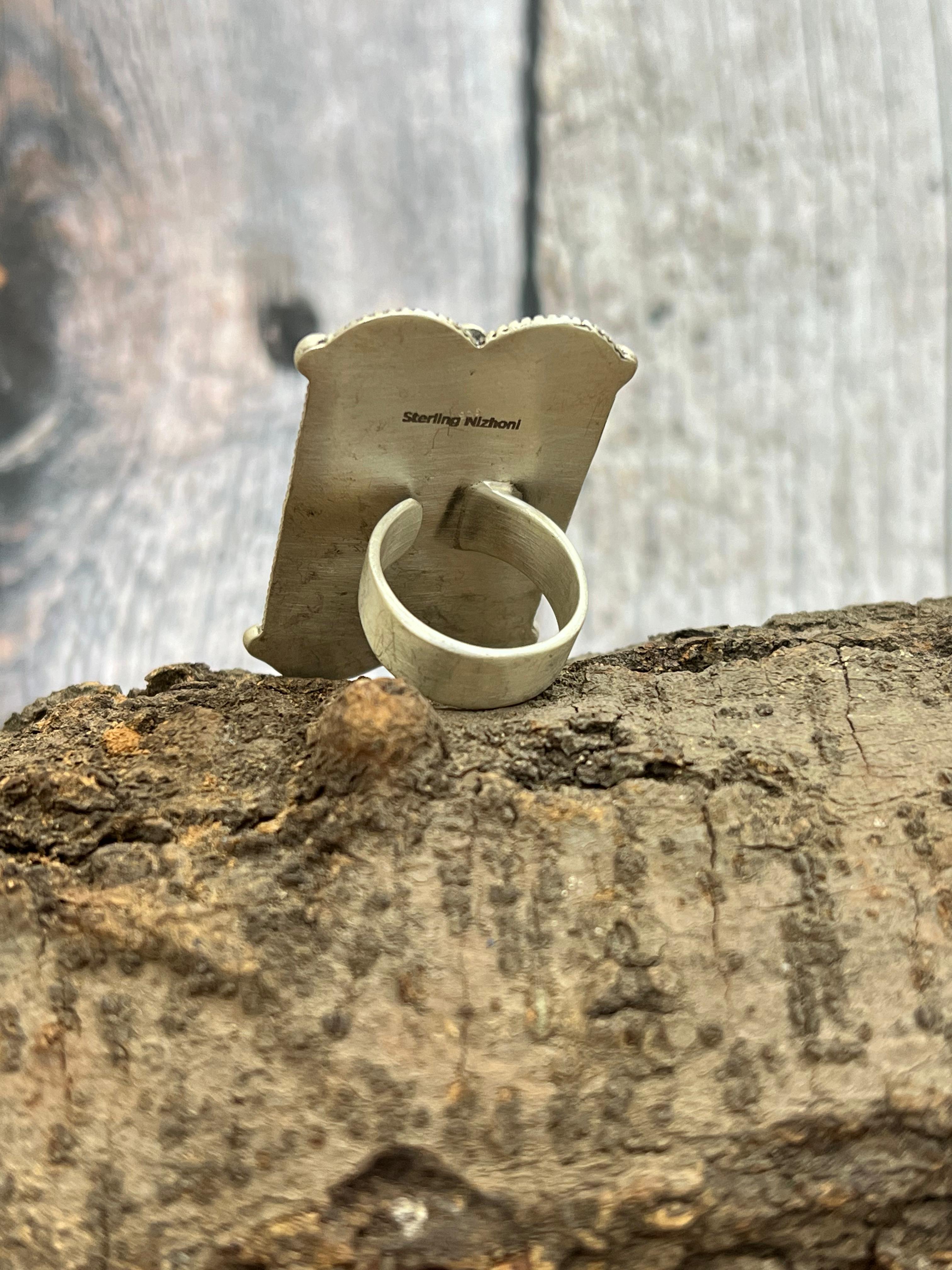 Handmade Sterling Silver Cotton Candy Turquoise Adjustable Rings with Signed Nizhoni