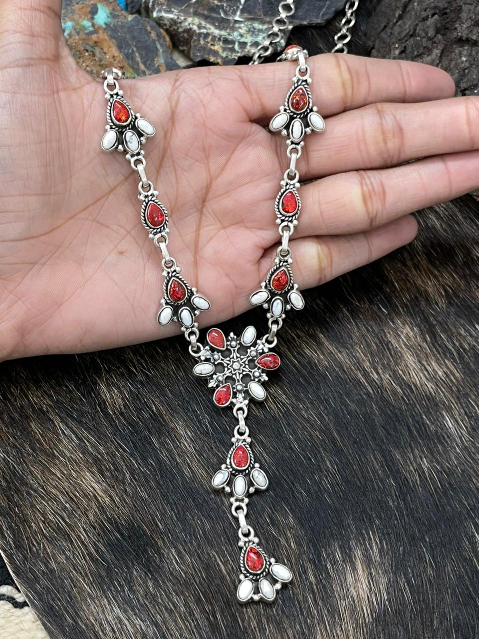 Handmade Sterling Silver White Buffalo with Red Opal Lariat Necklace "Signed Nizhoni"