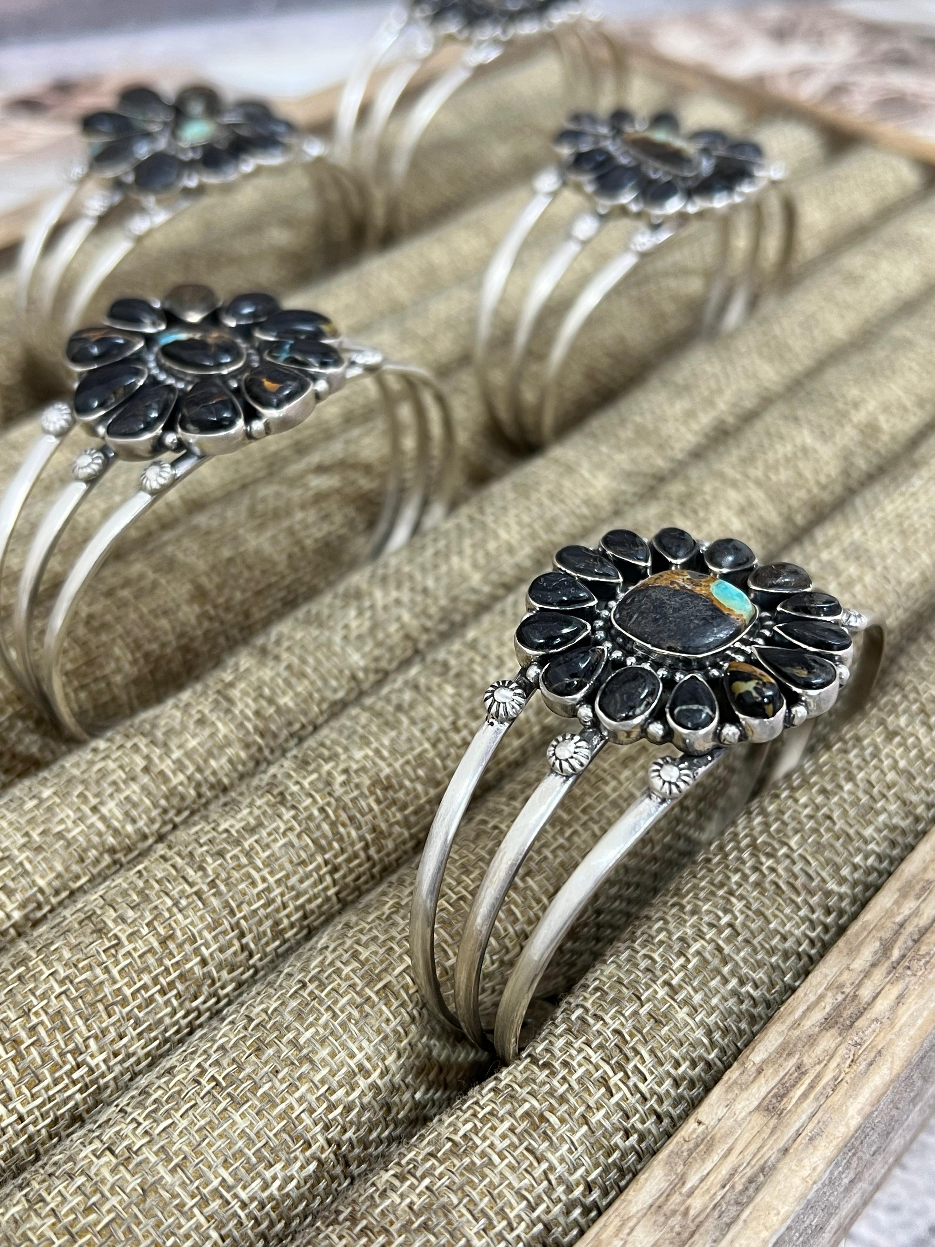 Handmade Sterling Silver Blackjack Turquoise Cuff Bracelet Signed Nizhoni