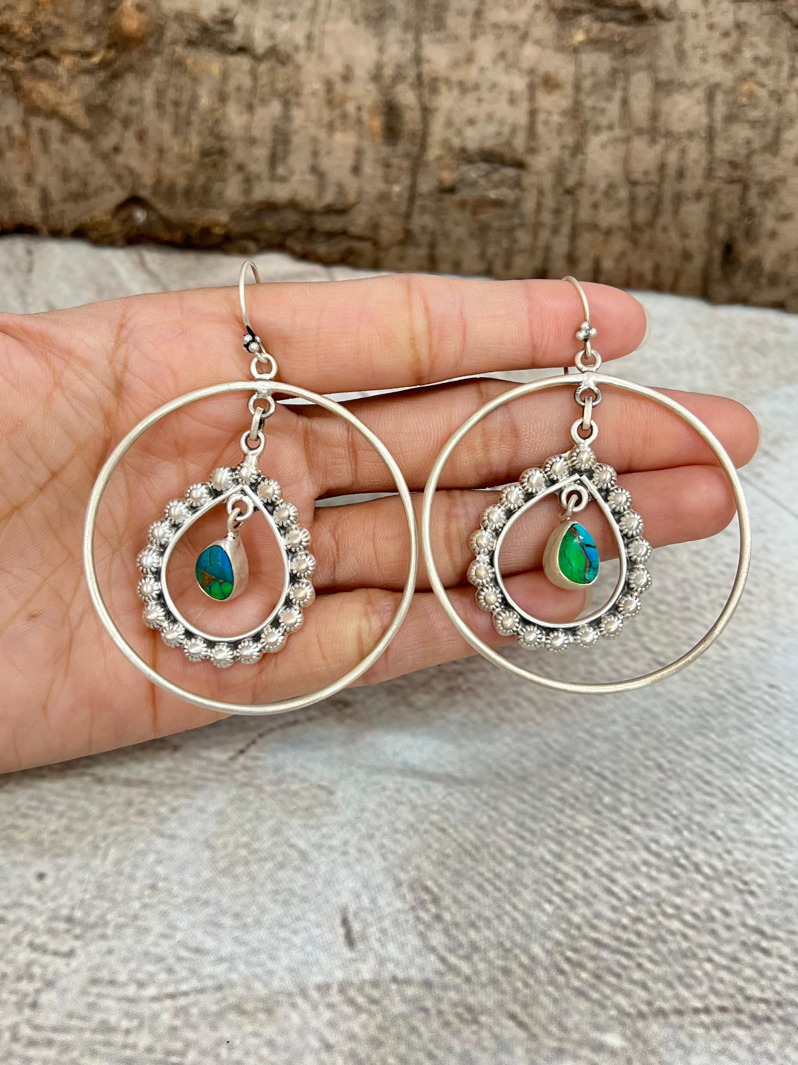 Handmade Sterling Silver Peacock Dahlia, Cotton Candy Turquoise Hoop Earrings with Signed Nizhoni (5)