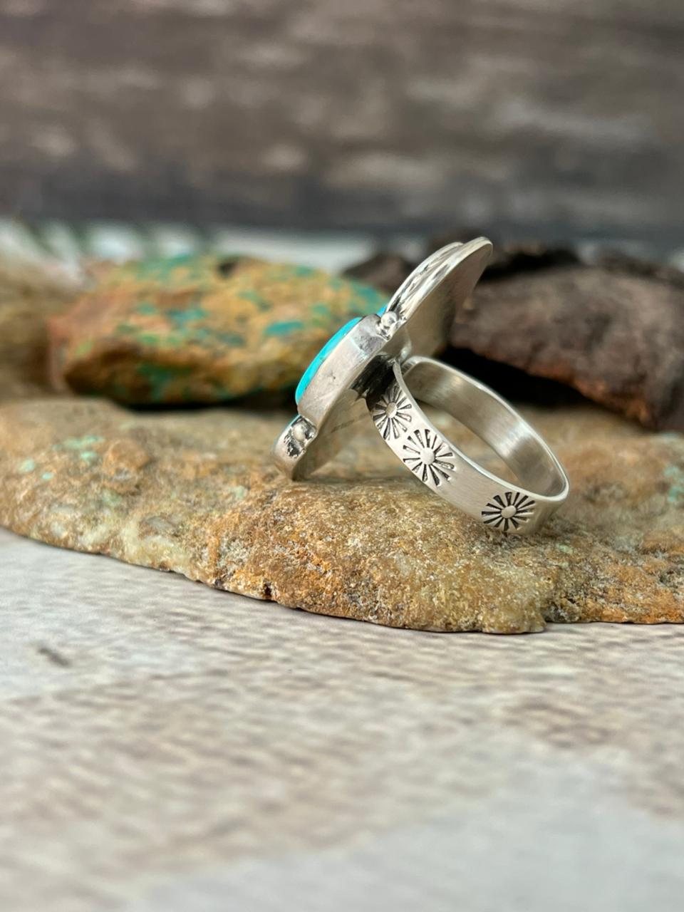 Handmade Sterling Silver Santa Maria Turquoise Adjustable Ring "Signed Nizhoni"