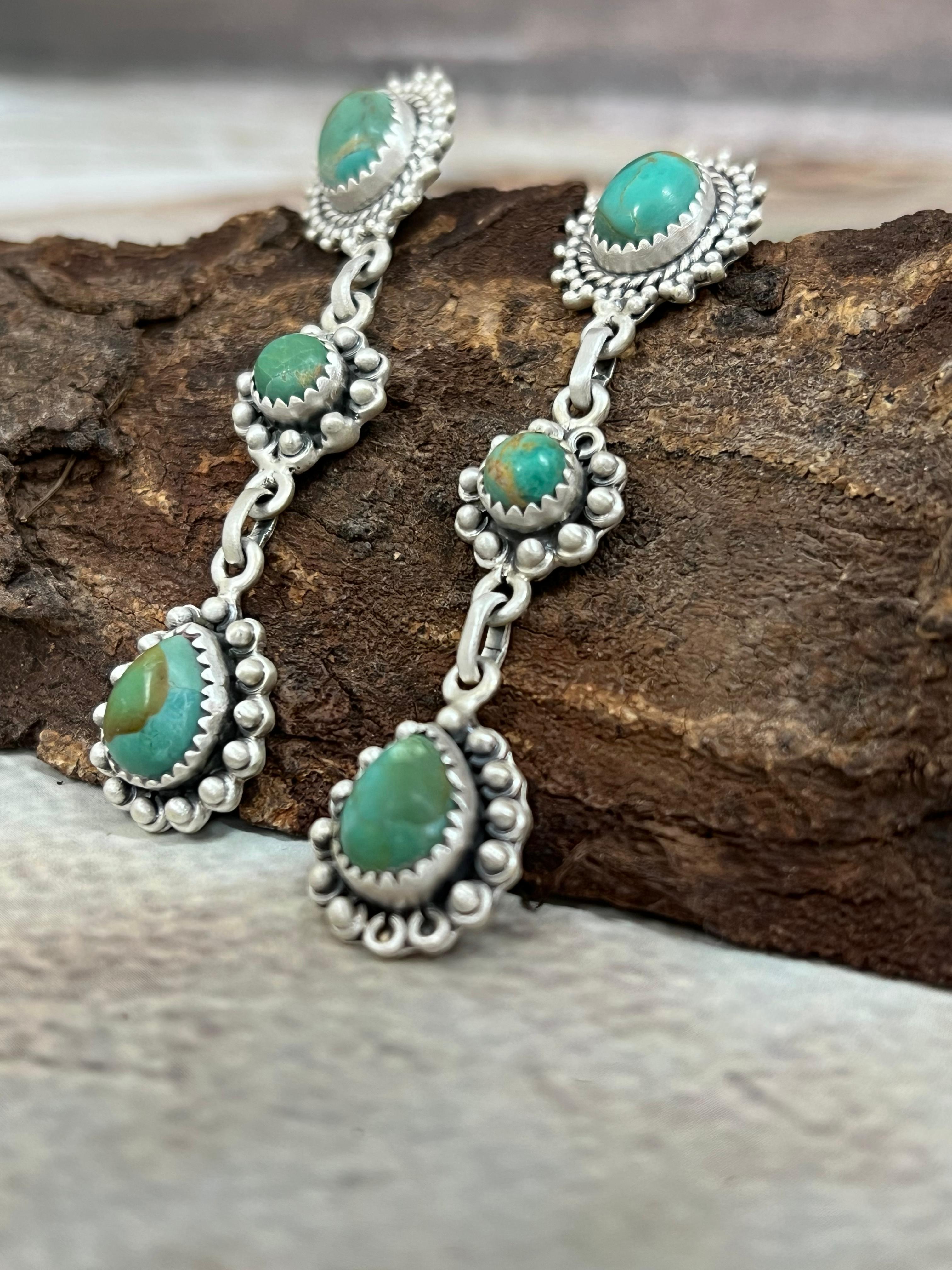 Handmade Sterling Silver Kingman Turquoise Post Dangle Earrings with Signed Nizhoni