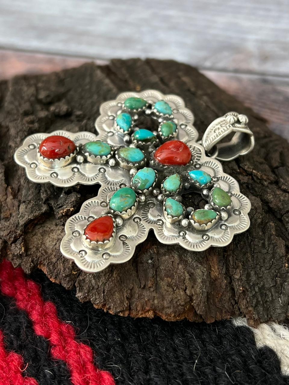 "Christmas Collection" Handmade Sterling Silver Kingman with Coral Pendant "Signed Nizhoni"