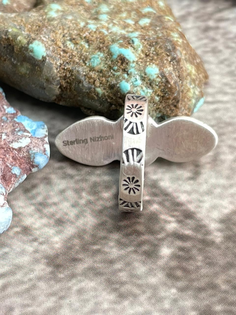 Handmade Sterling Silver Sonoran Mountain Turquoise Adjustable Ring with Signed Nizhoni