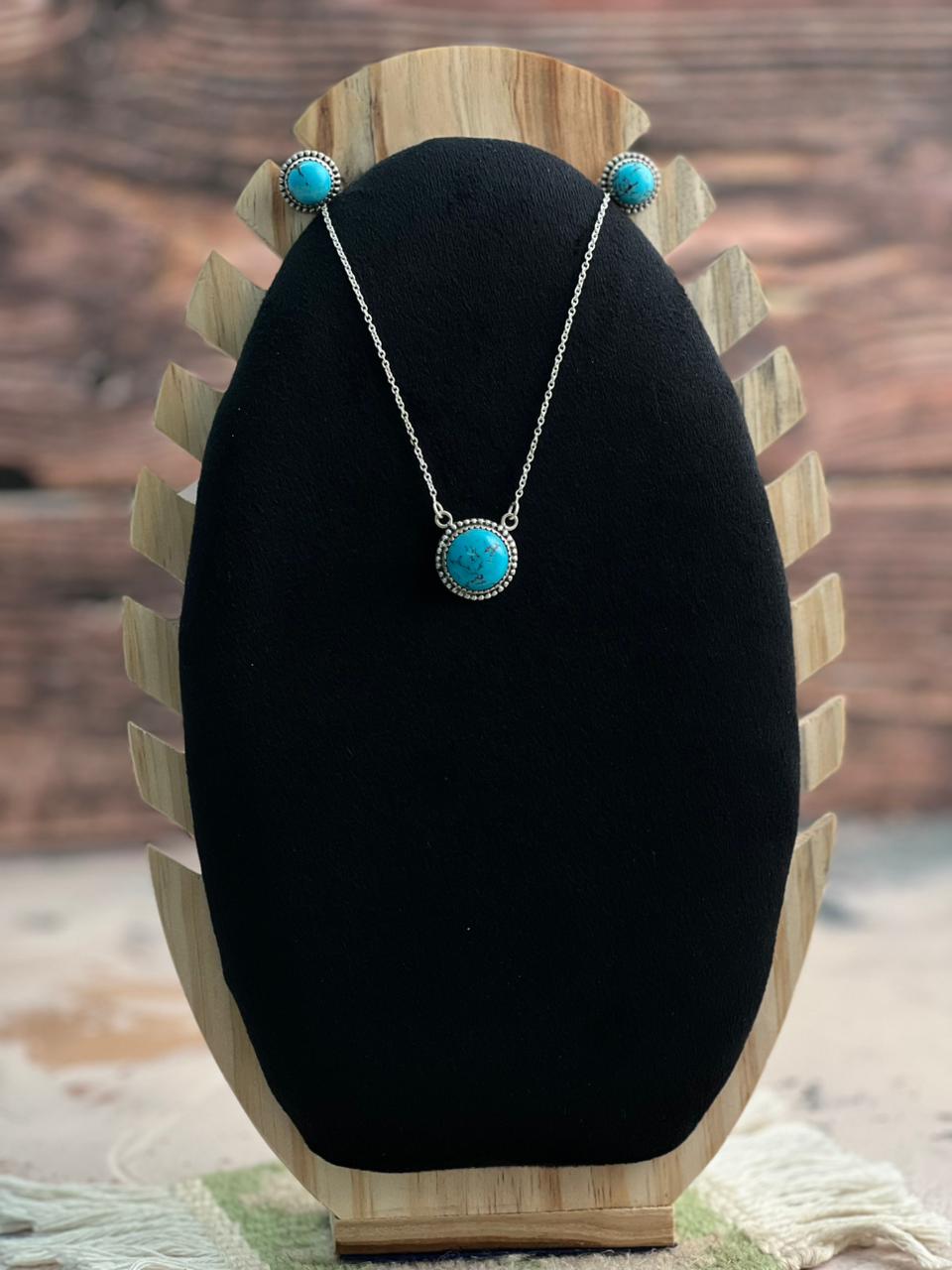 Handmade Sterling Silver Arizona Turquoise Necklace Earrings Set "Signed Nizhoni"