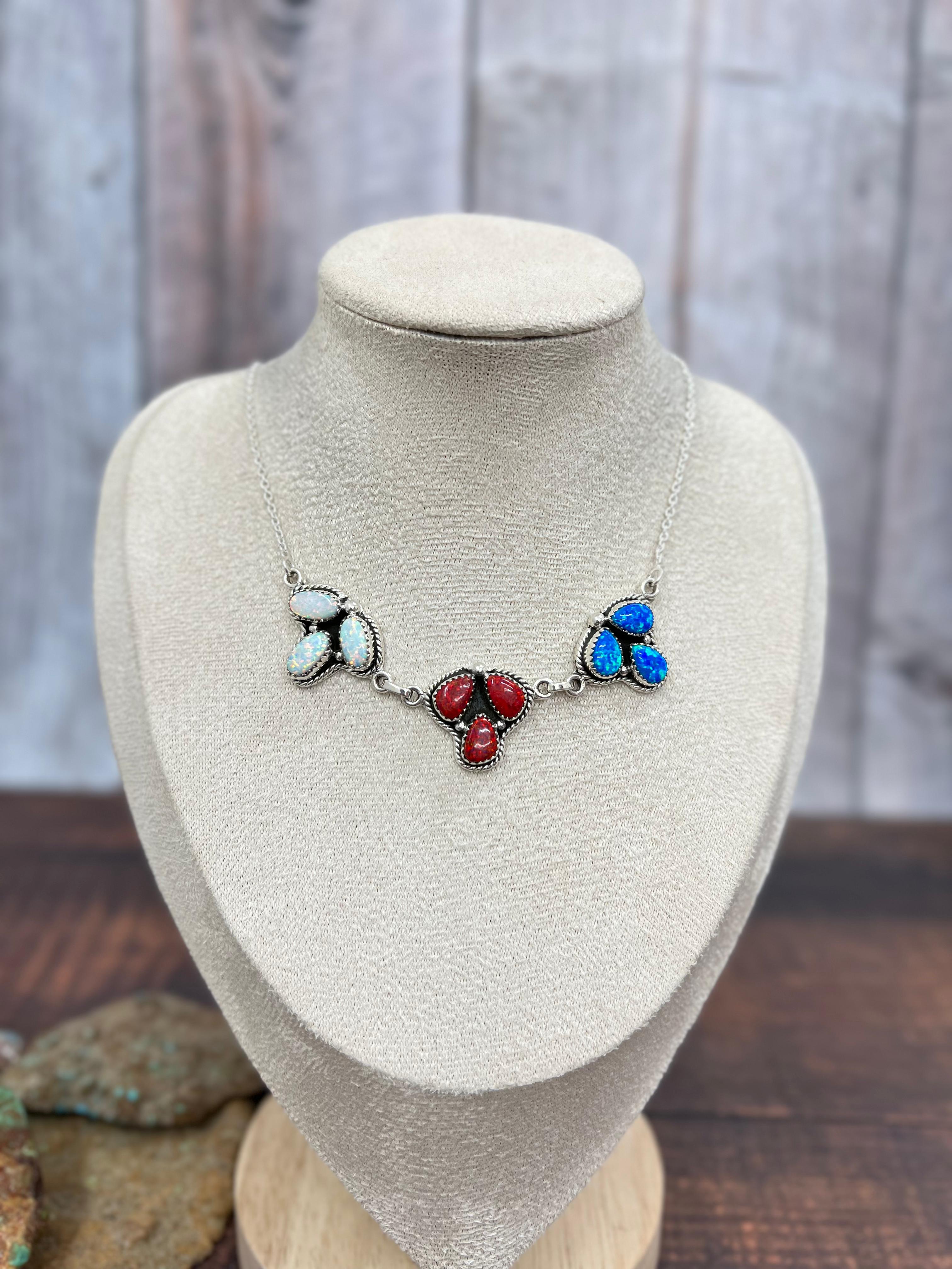 ** 4TH OF JULY ** Handmade Sterling Silver Synthetic Opal Necklace with Signed Nizhoni