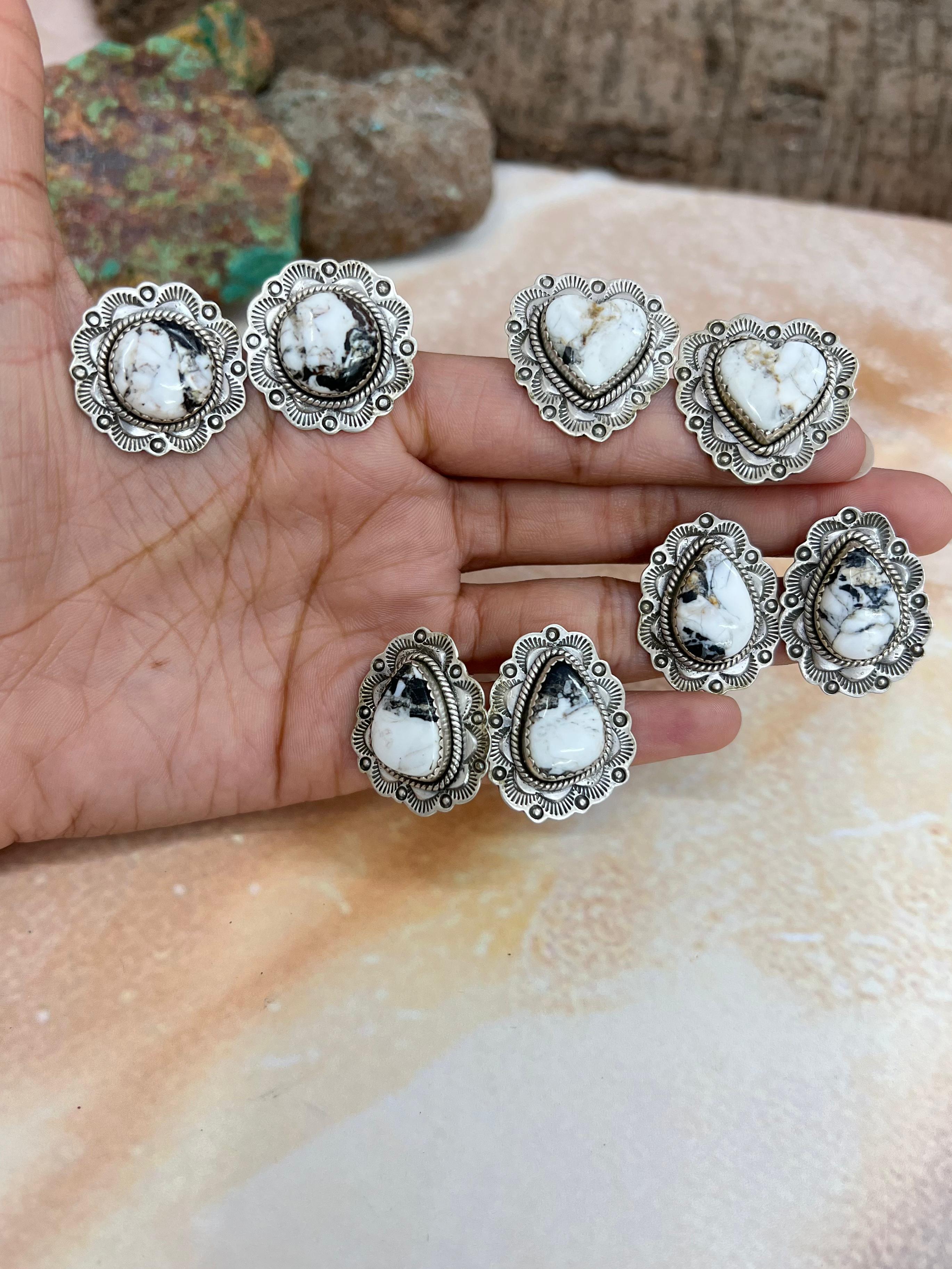 Handmade Sterling Silver White Buffalo Turquoise Post Earrings with Signed Nizhoni (9)
