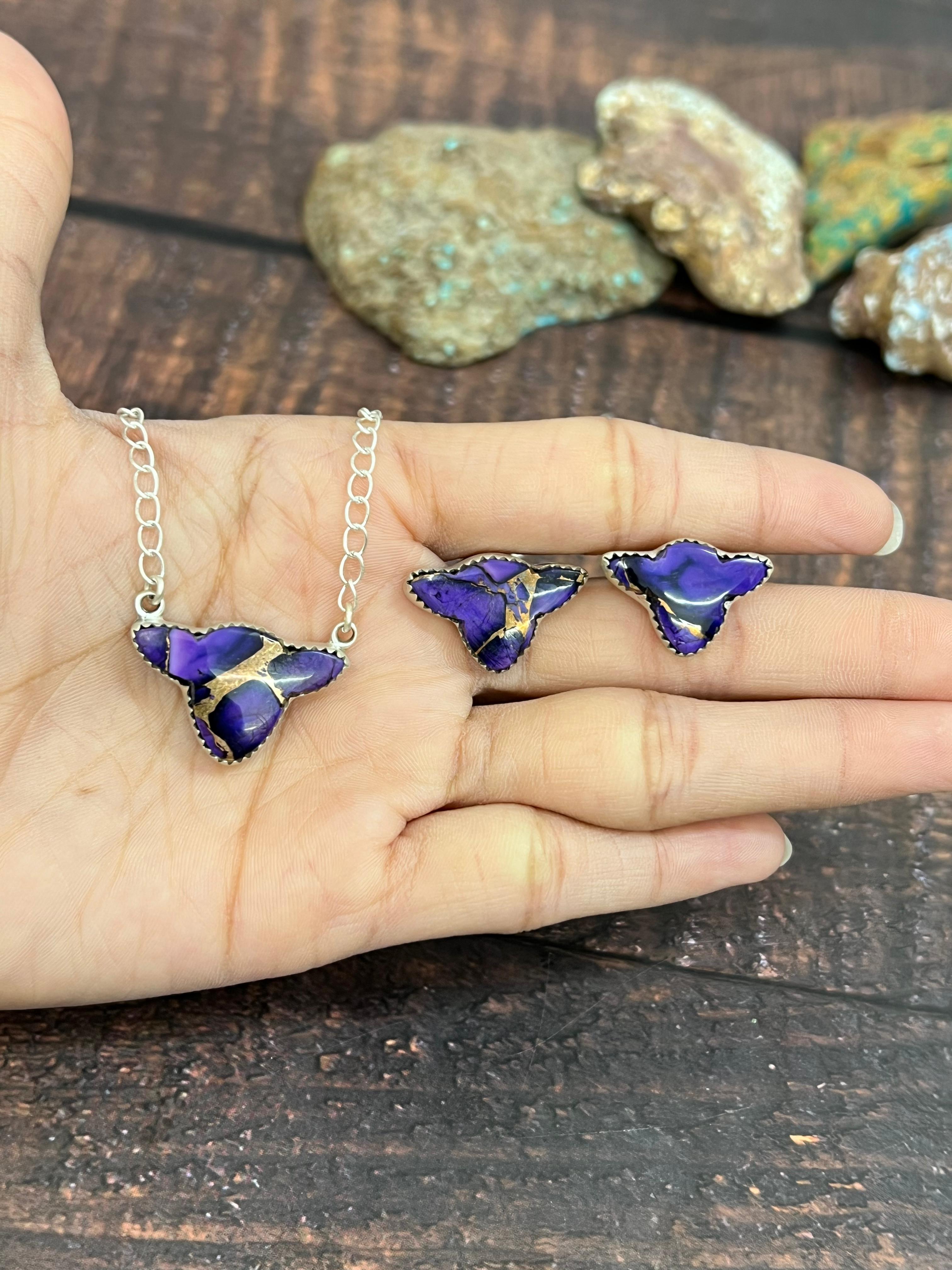 Handmade Sterling Silver Grape Dahlia, Dahlia Rose Bull Necklace Earrings Set with Signed Nizhoni