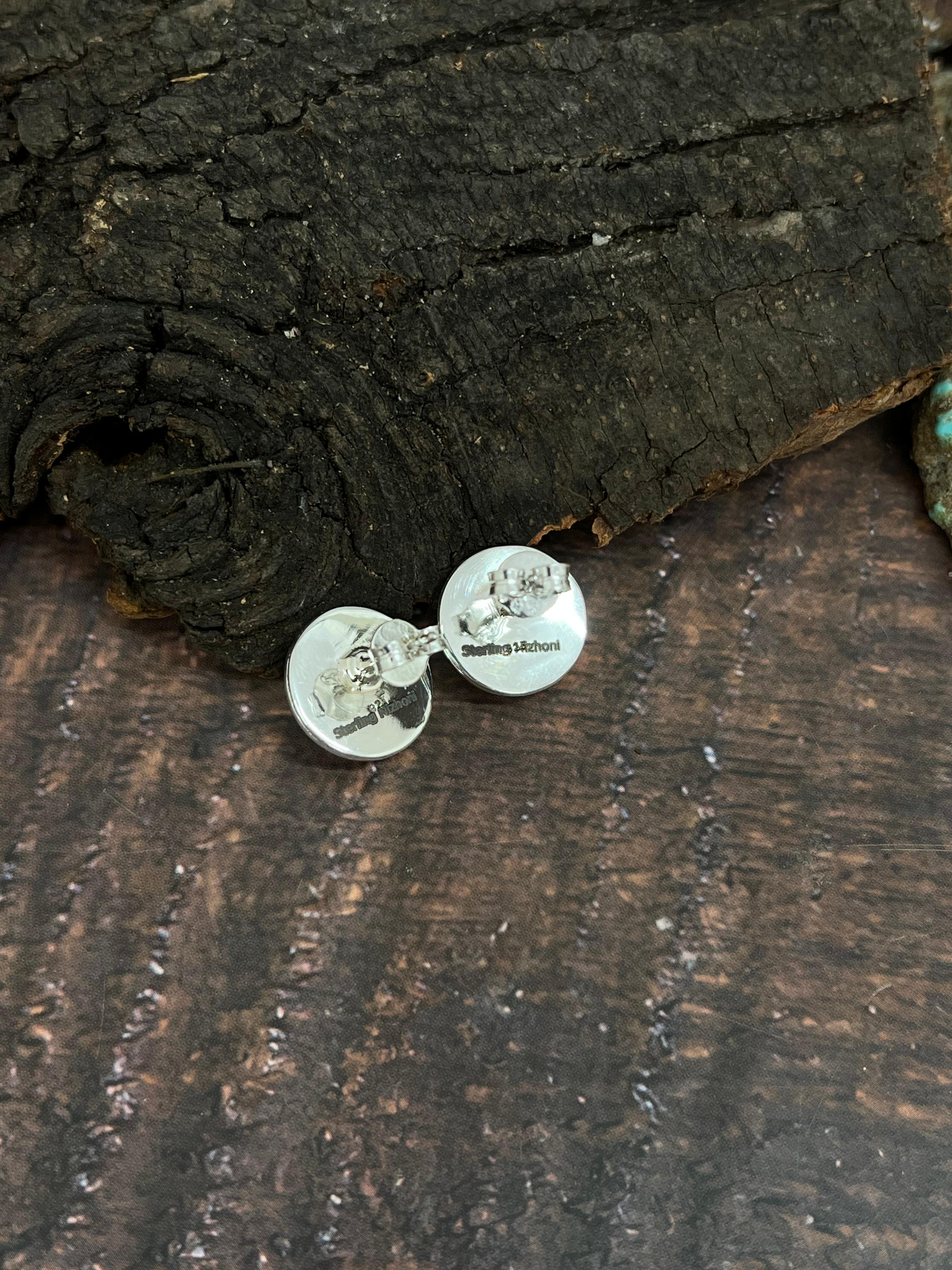 Handmade Sterling Silver Sonoran Mountain Turquoise Post Studs with Signed Nizhoni