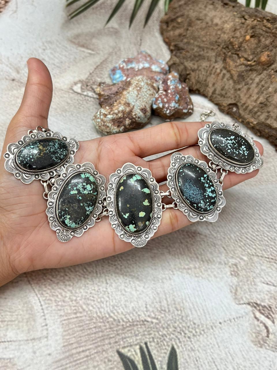 Handmade Sterling Silver Lander Turquoise Choker Necklace with Signed Nizhoni