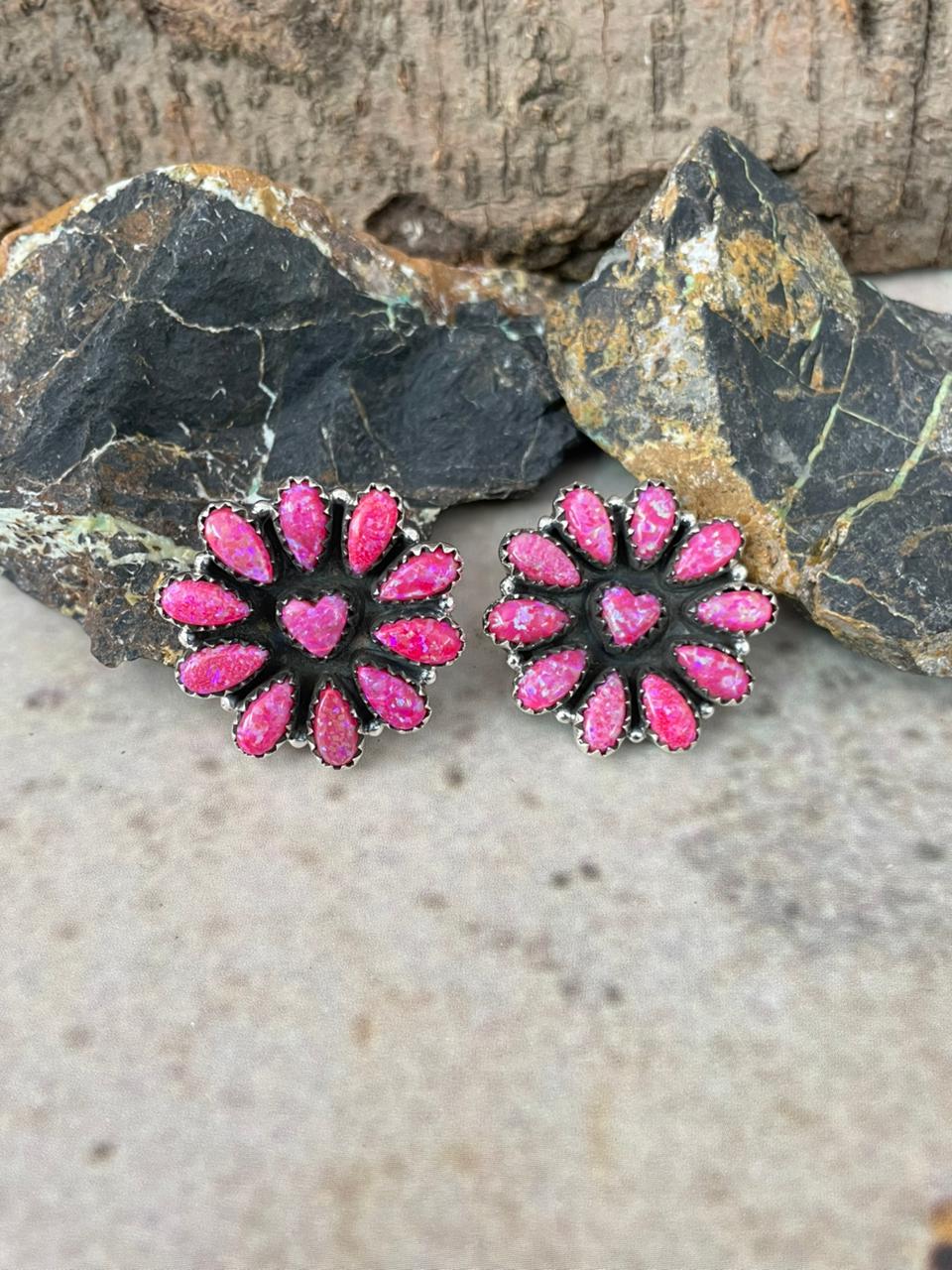 "Heart Collection" Handmade Sterling Silver Hot Pink Post Studs Earrings "Signed Nizhoni"