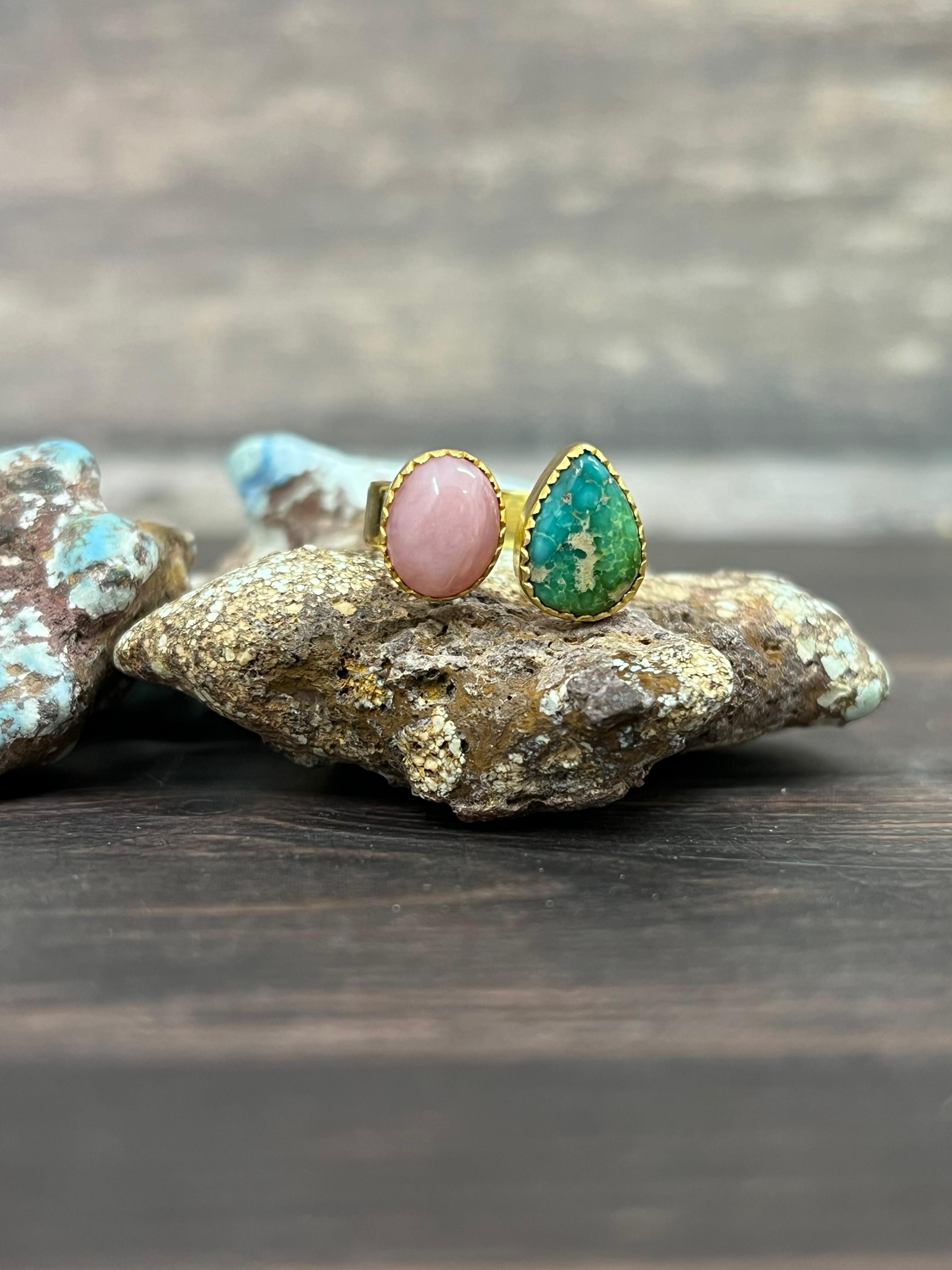 “The Golden Collection” Natural Sonoran Turquoise & Pink Opal Adjustable Ring