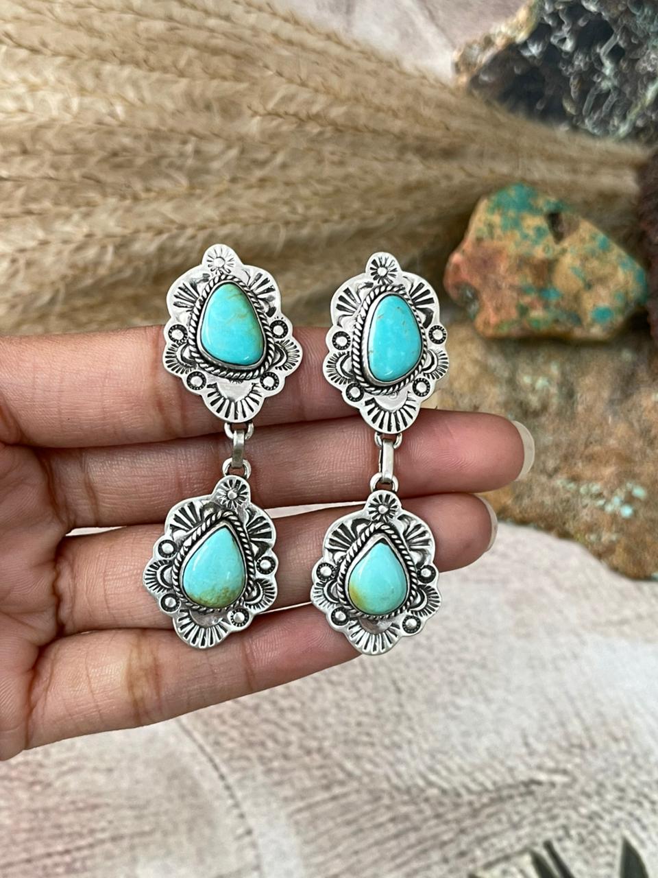Handmade Sterling Silver Santa Maria Turquoise Post Dangle Earrings "Signed Nizhoni"
