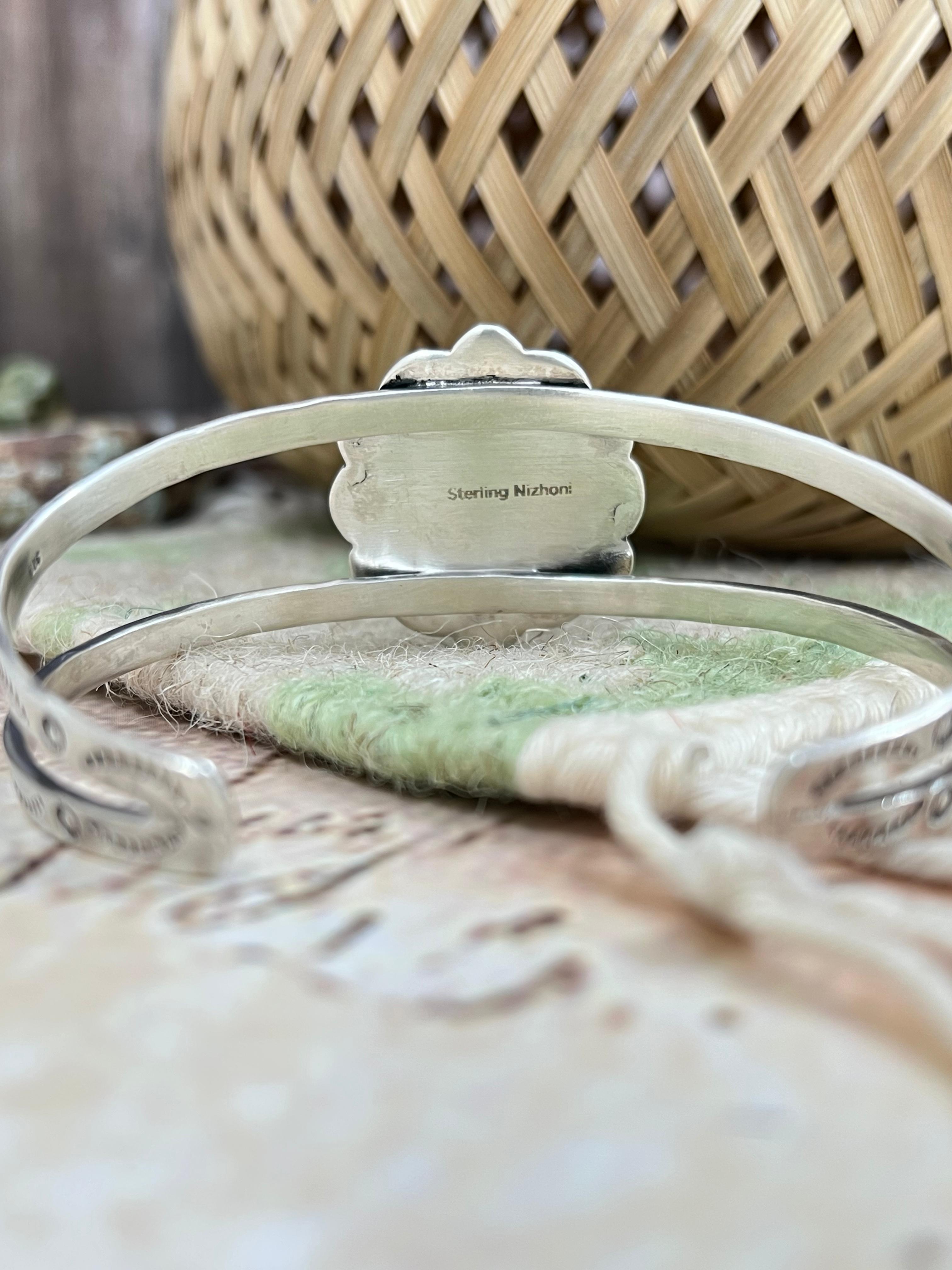 Handmade Sterling Silver Cotton Candy Turquoise SaguaroCuff Bracelet with Signed Nizhoni