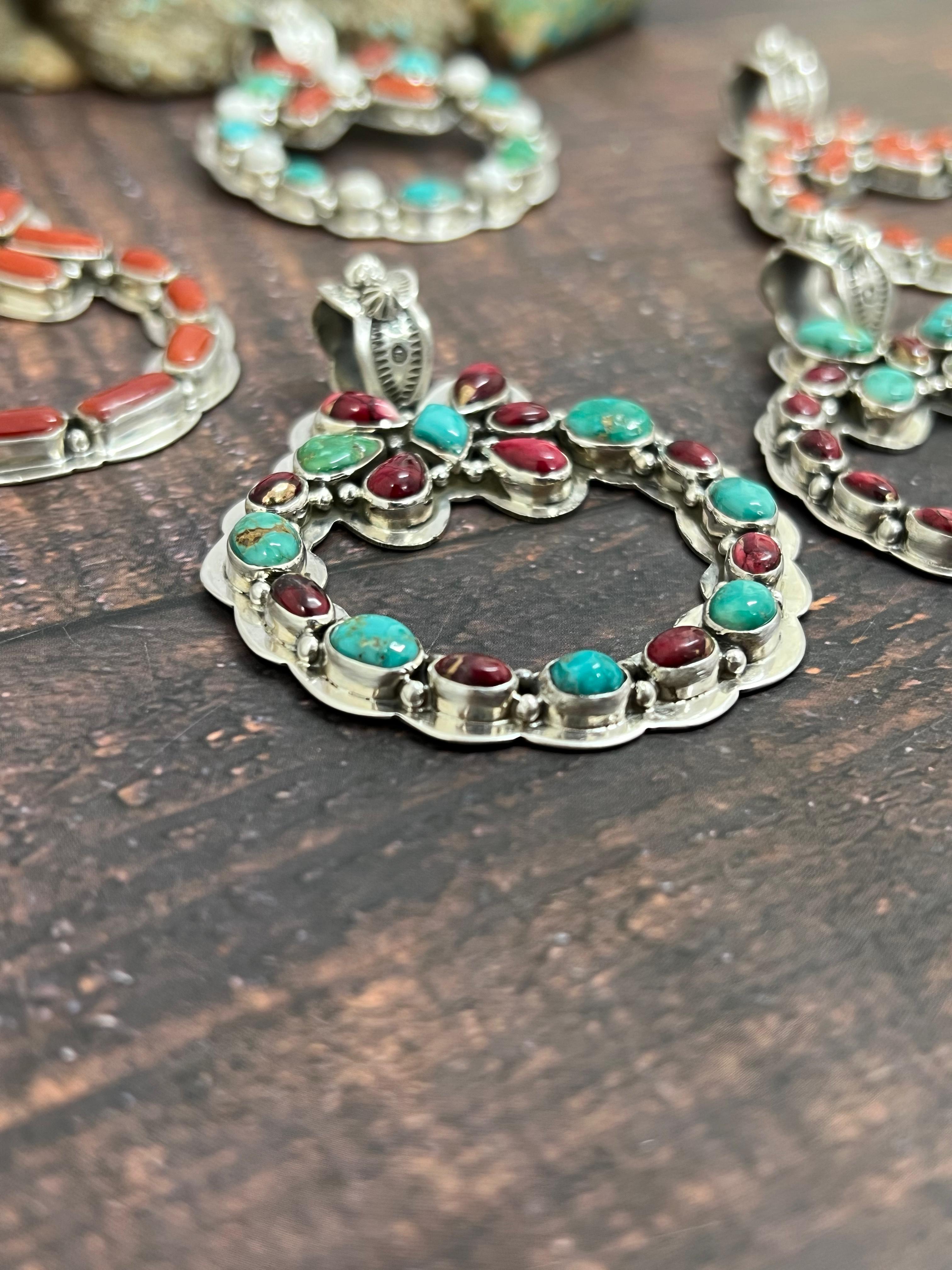 Handmade Sterling Silver Multi Stones Pendant, Signed Nizhoni