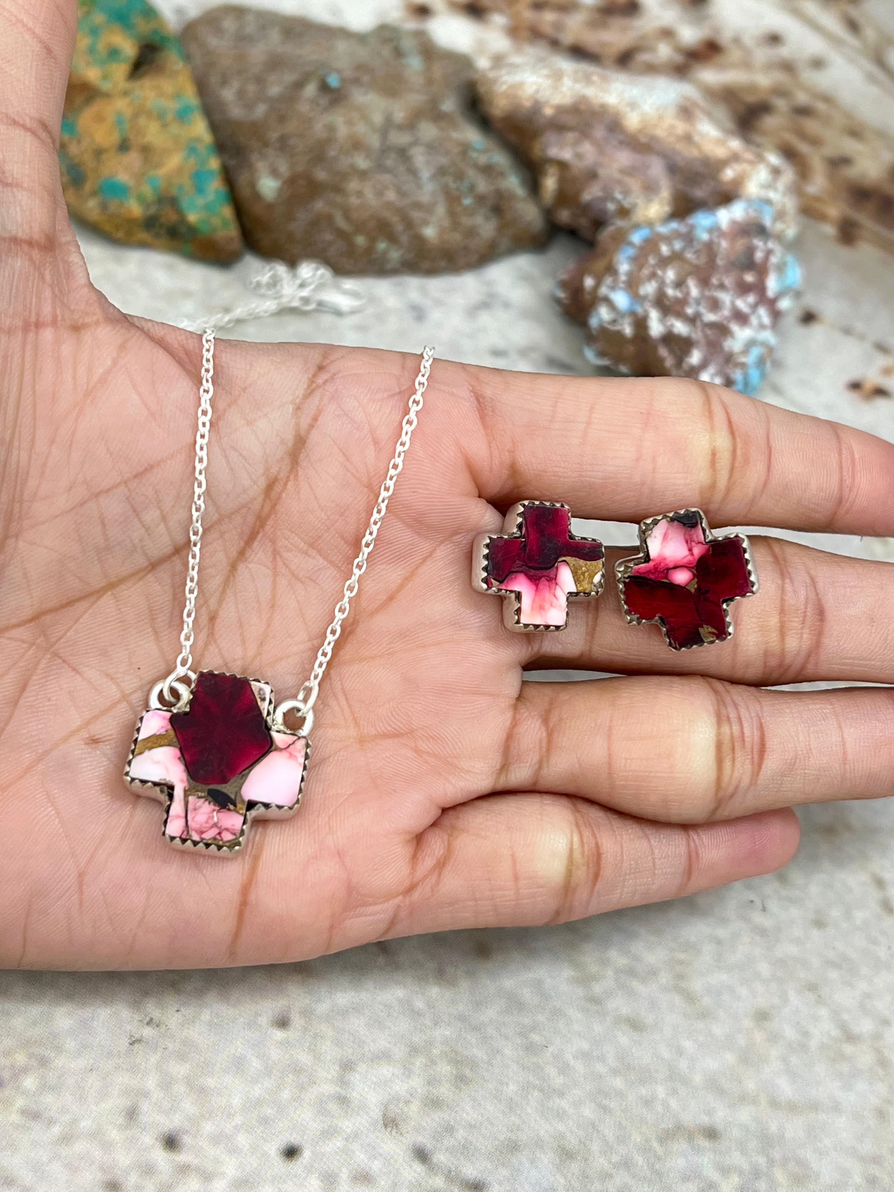 Handmade Sterling Silver Dahlia Rose Cross Necklace Earrings Set with Signed Nizhoni (7)