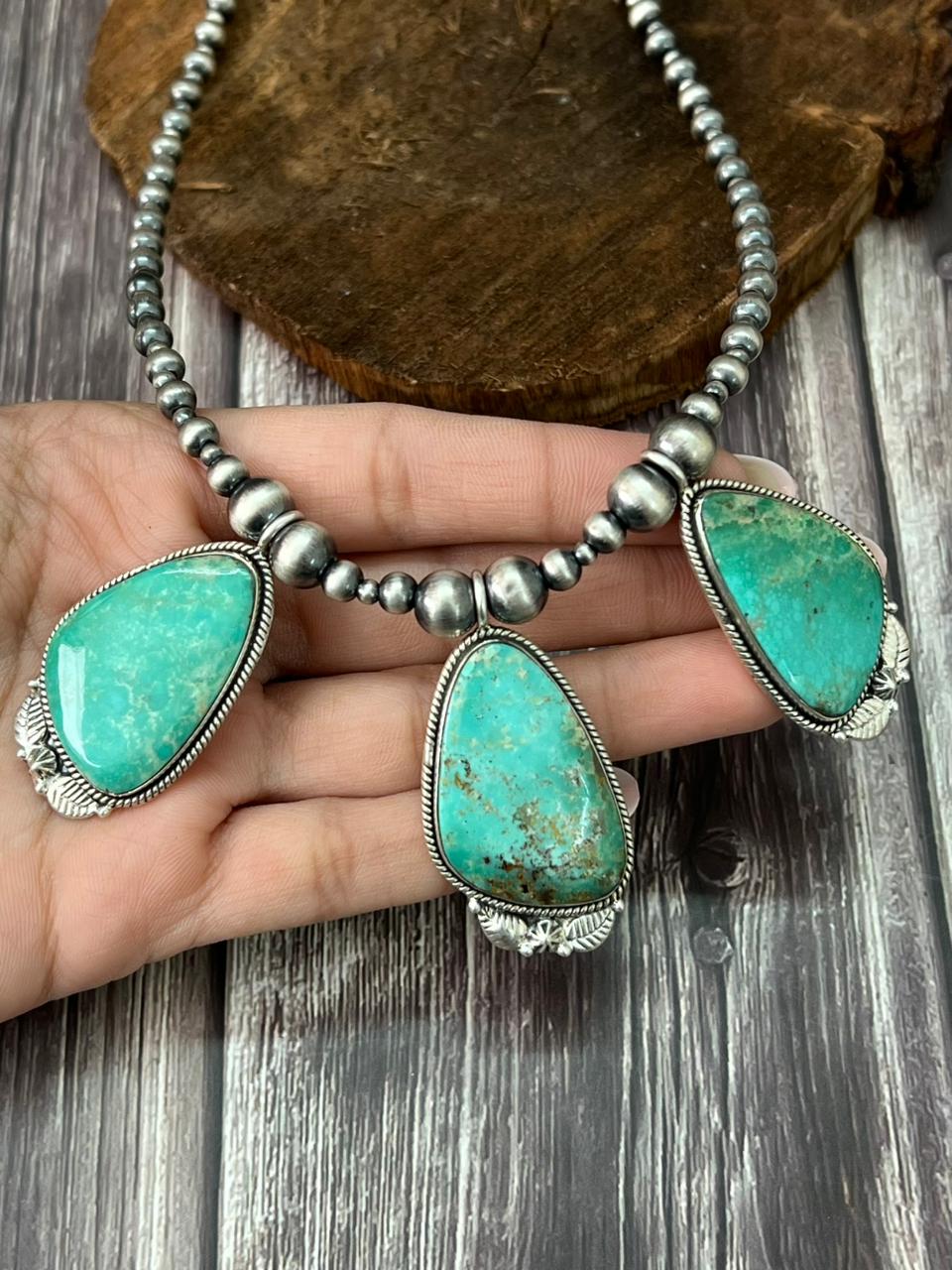 Handmade Sterling Silver Beaded Mantis Turquoise Necklace "Signed Nizhoni"