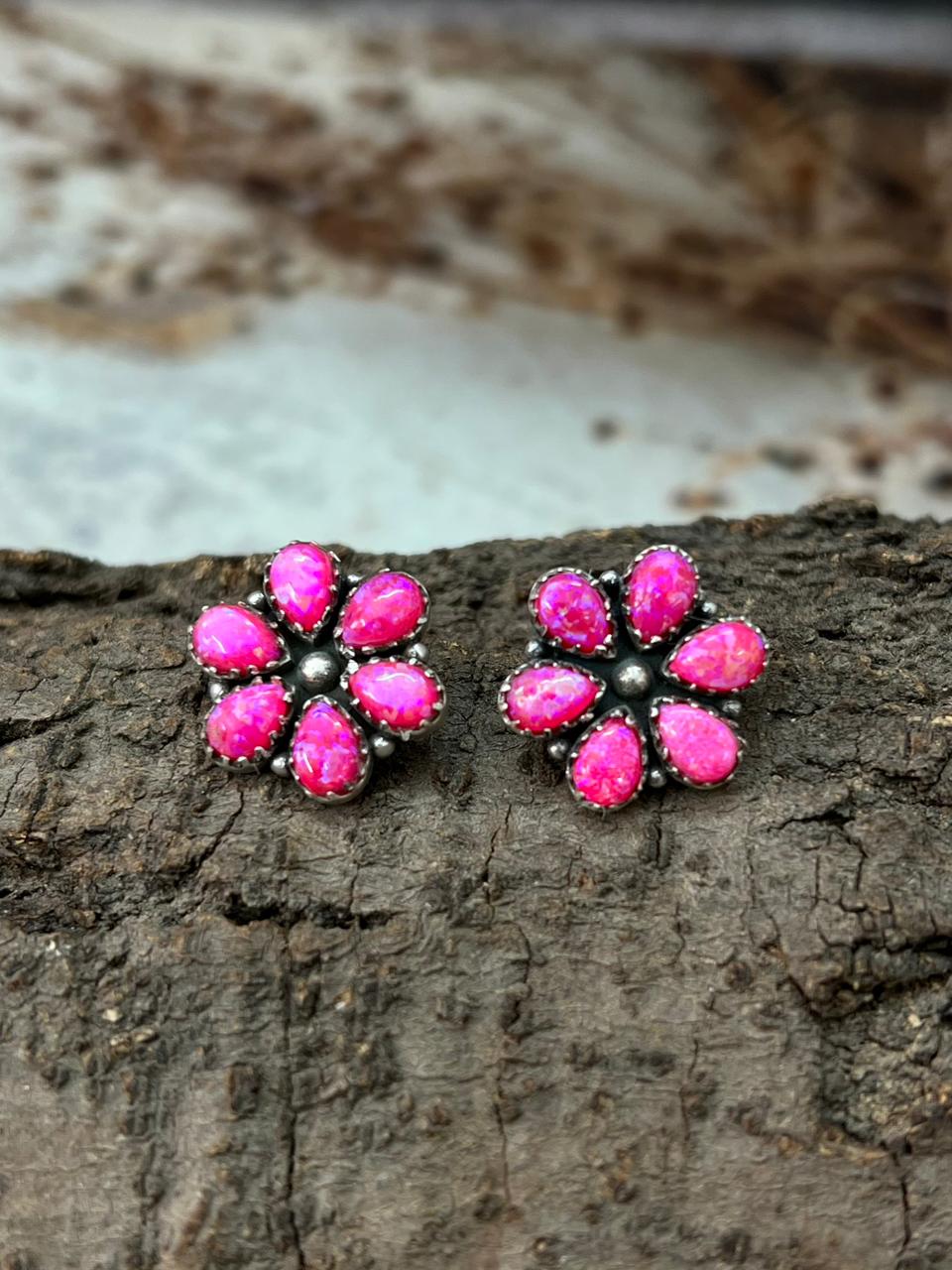 Handmade Sterling Silver Hot Pink Post Studs Earrings "Signed Nizhoni"