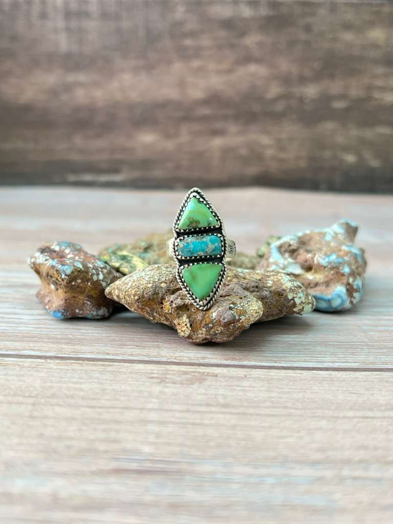 Handmade Sterling Silver Sonoran Mountain Turquoise with White Water Adjustable Ring "Signed Nizhoni"