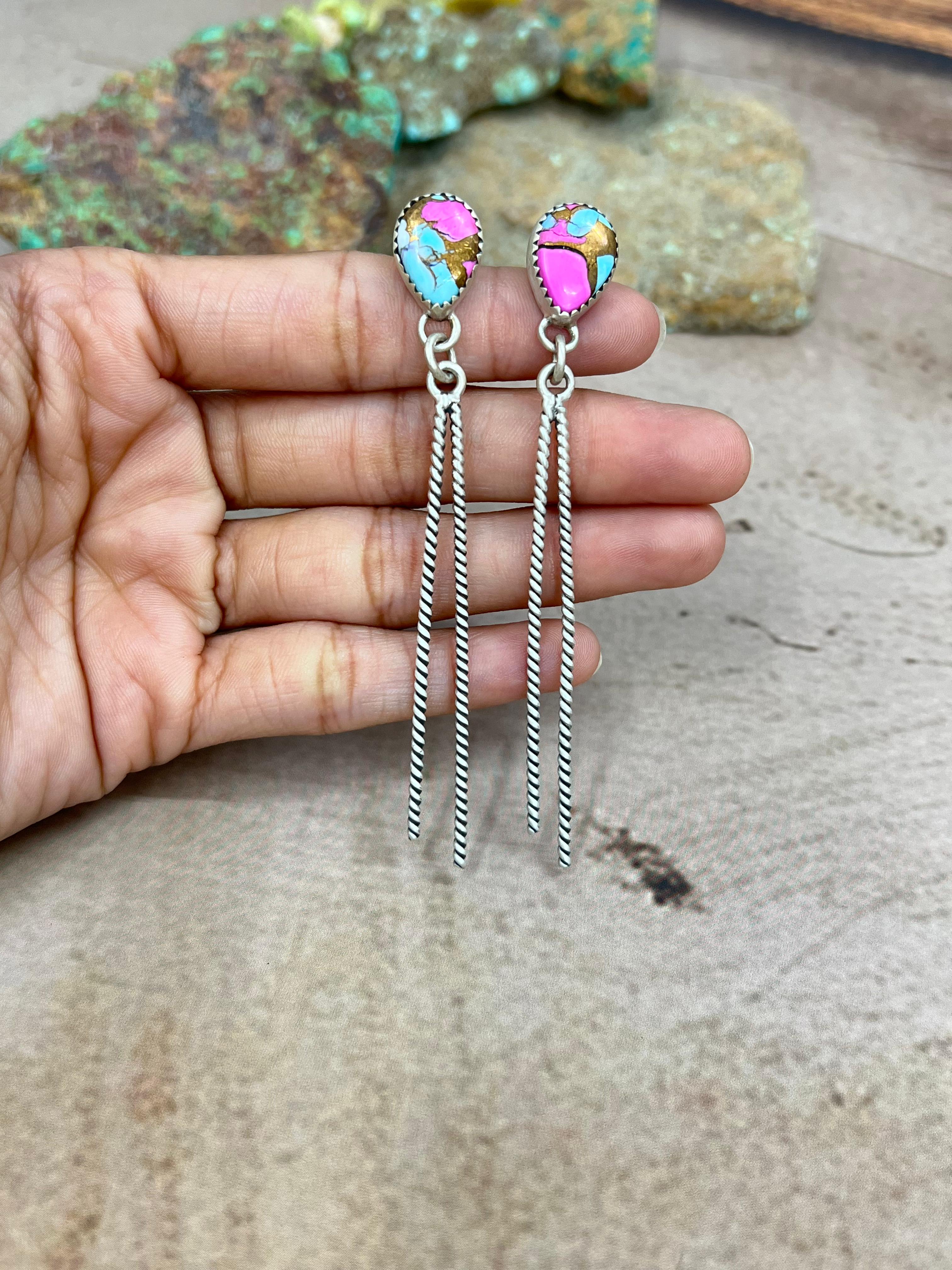 Handmade Sterling Silver Cotton Candy Turquoise Dangle Earrings with Signed Nizhoni
