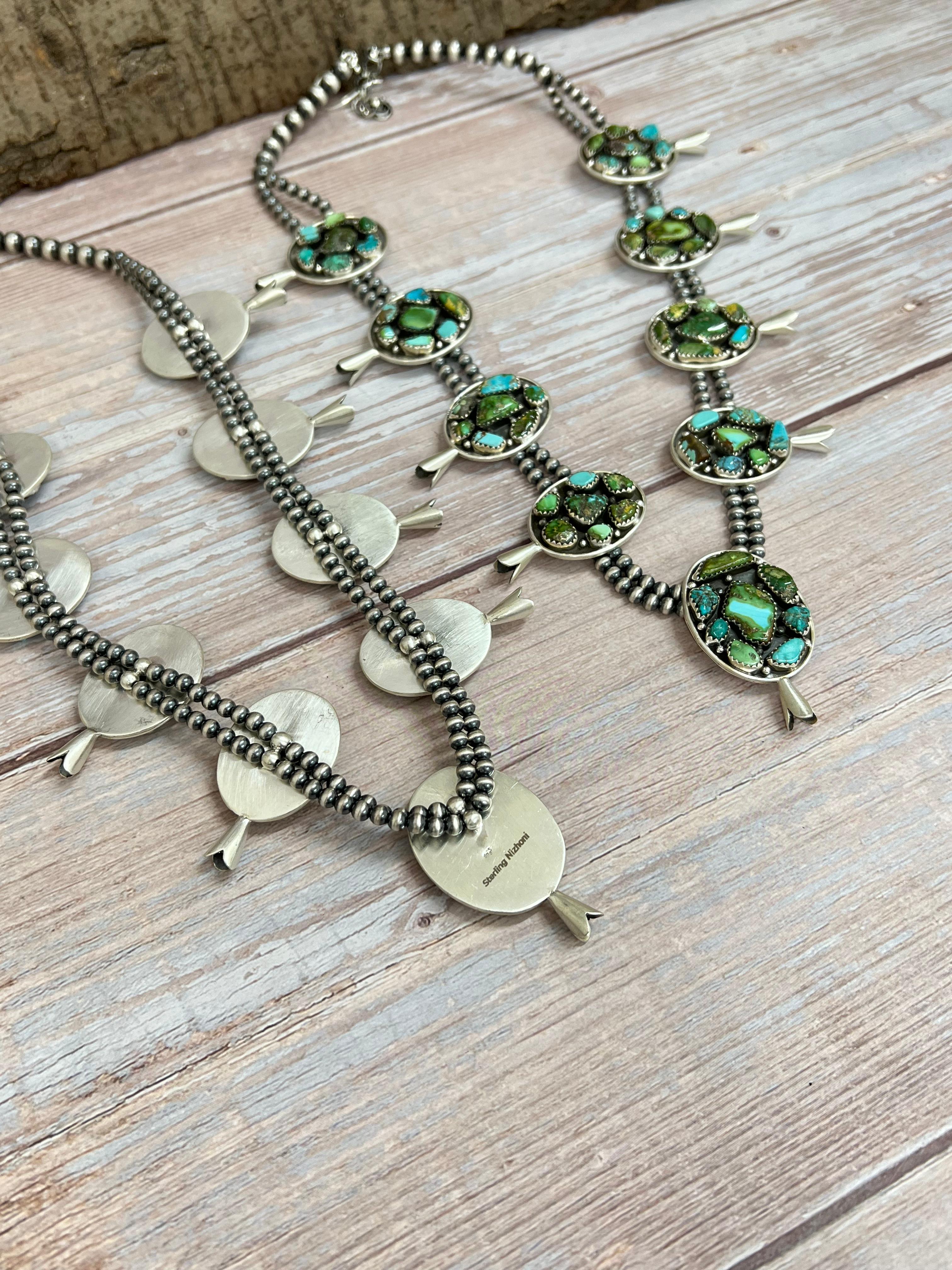 Handmade Sterling Silver Golden Hill Turquoise, Sonoran Mountain Turquoise Squash Blossom Beaded Necklace, Signed Nizhoni