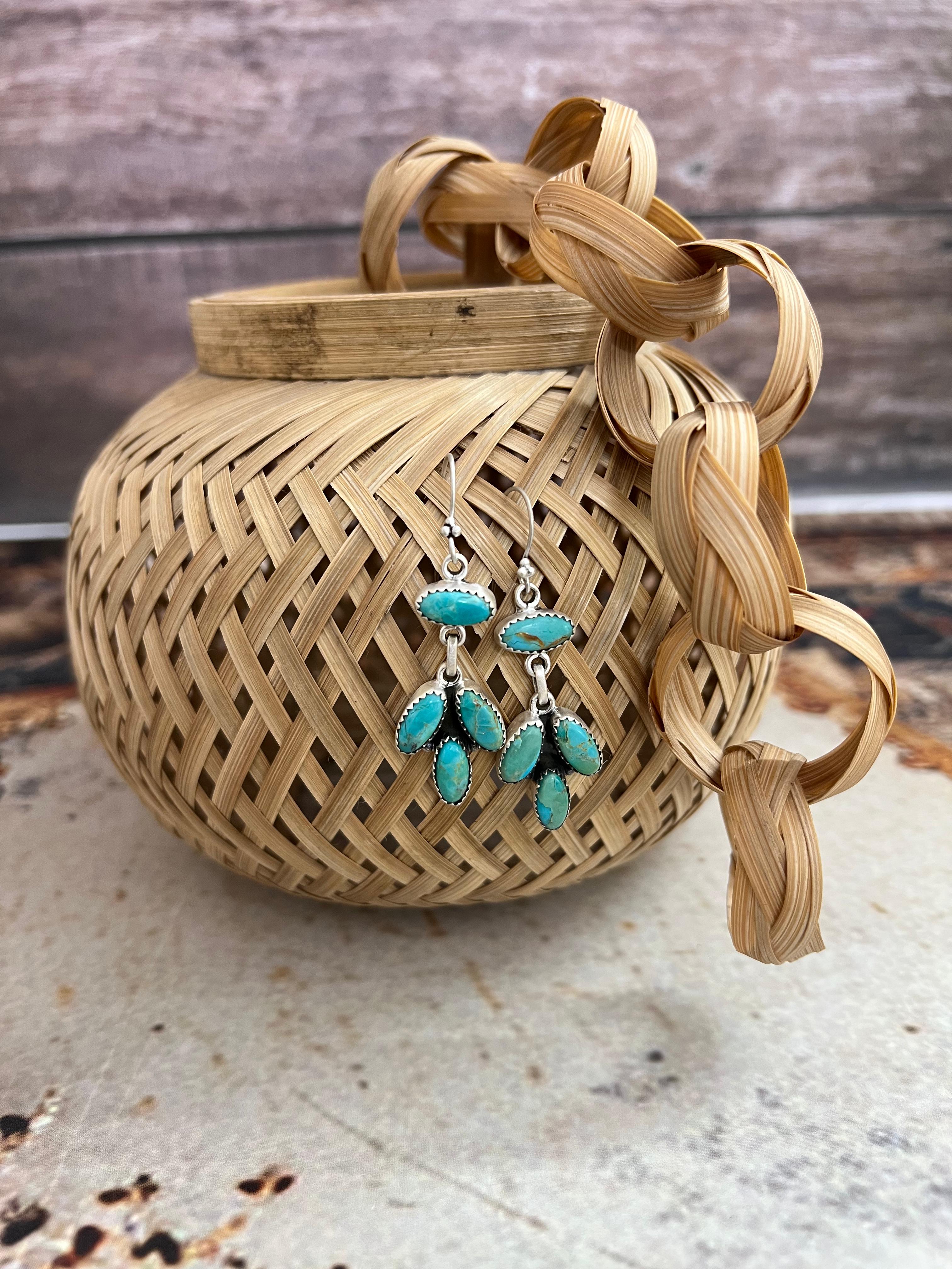 Handmade Sterling Silver Kingman Turquoise Post Dangle Earrings with Signed Nizhoni