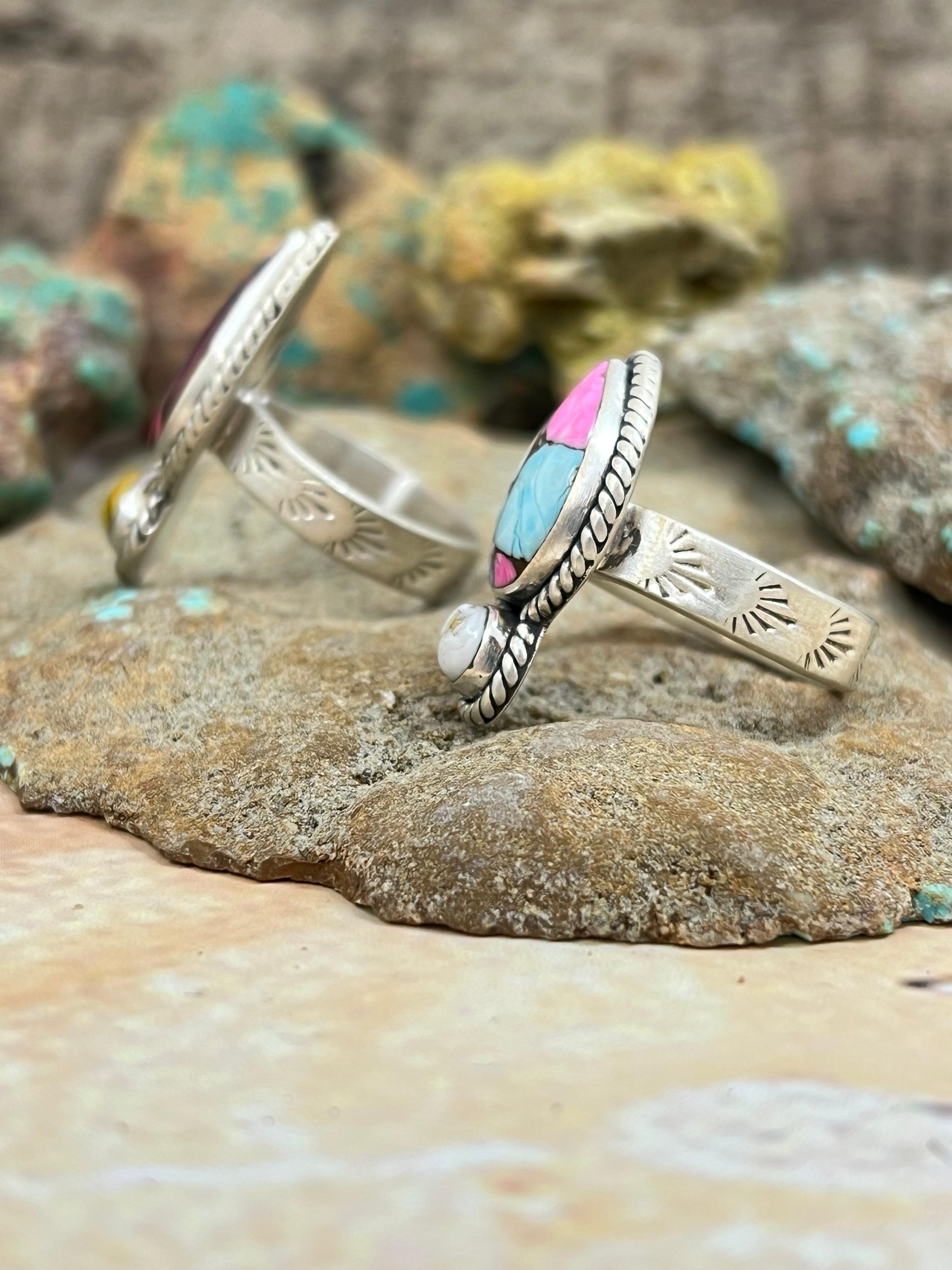 Handmade Sterling Silver Dahlia Rose with Honey Dahlia, Cotton Candy with White Buffalo Turquoise Adjustable Ring, Signed Nizhoni