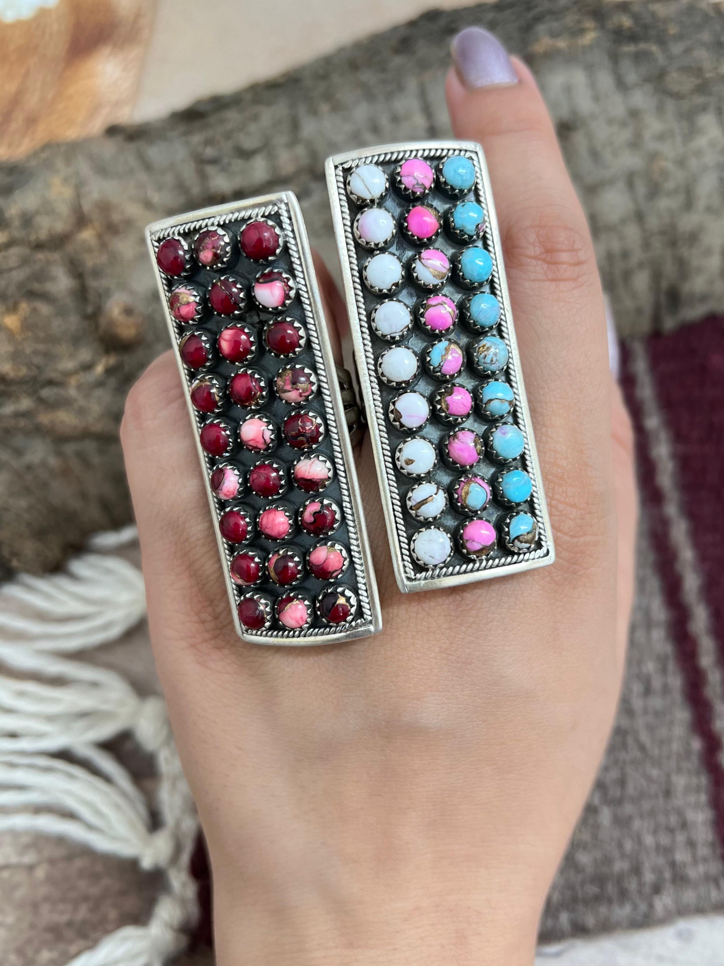 Handmade Sterling Silver Cotton Candy, Dahlia Rose Adjustable Rings with Signed Nizhoni