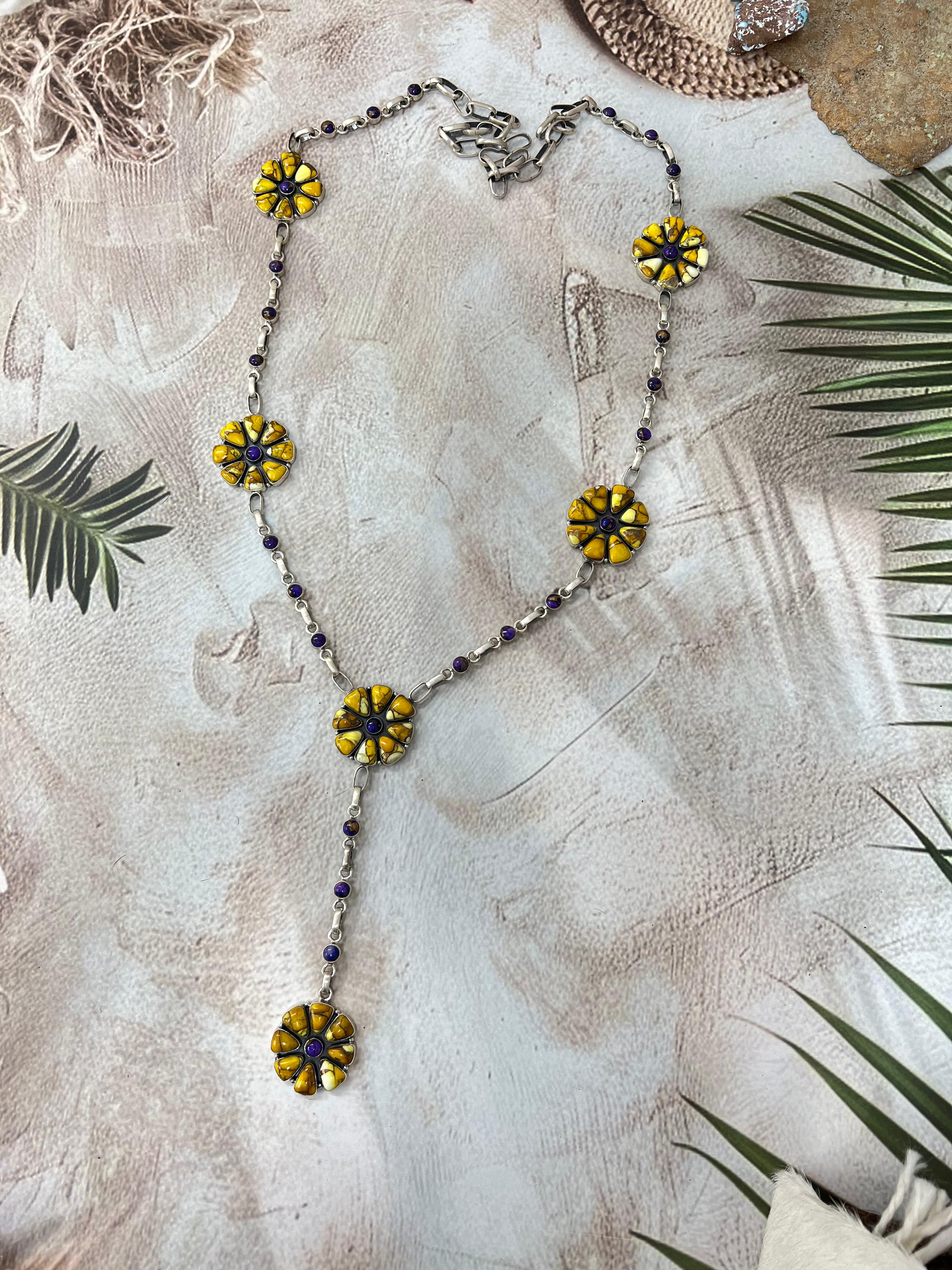 Handmade Sterling Silver Grape Dahlia, Honey Dahlia Necklace with Signed Nizhoni