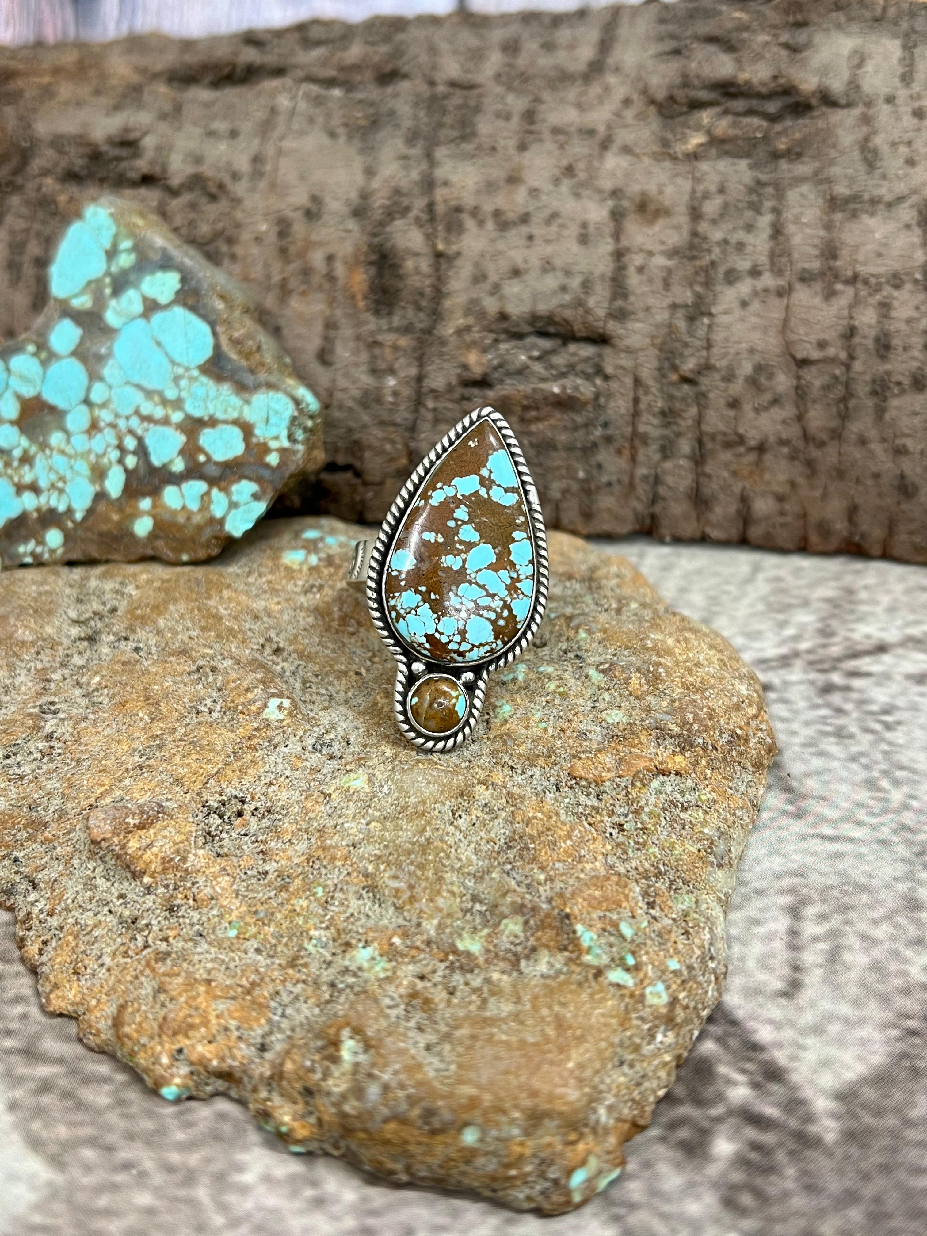 Handmade Sterling Silver Number 8 Turquoise Adjustable Ring with Signed Nizhoni