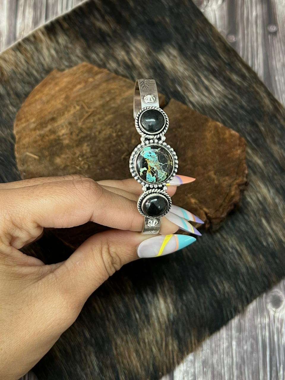 Handmade Sterling Silver Blackjack Turquoise Bracelet "Signed Nizhoni"