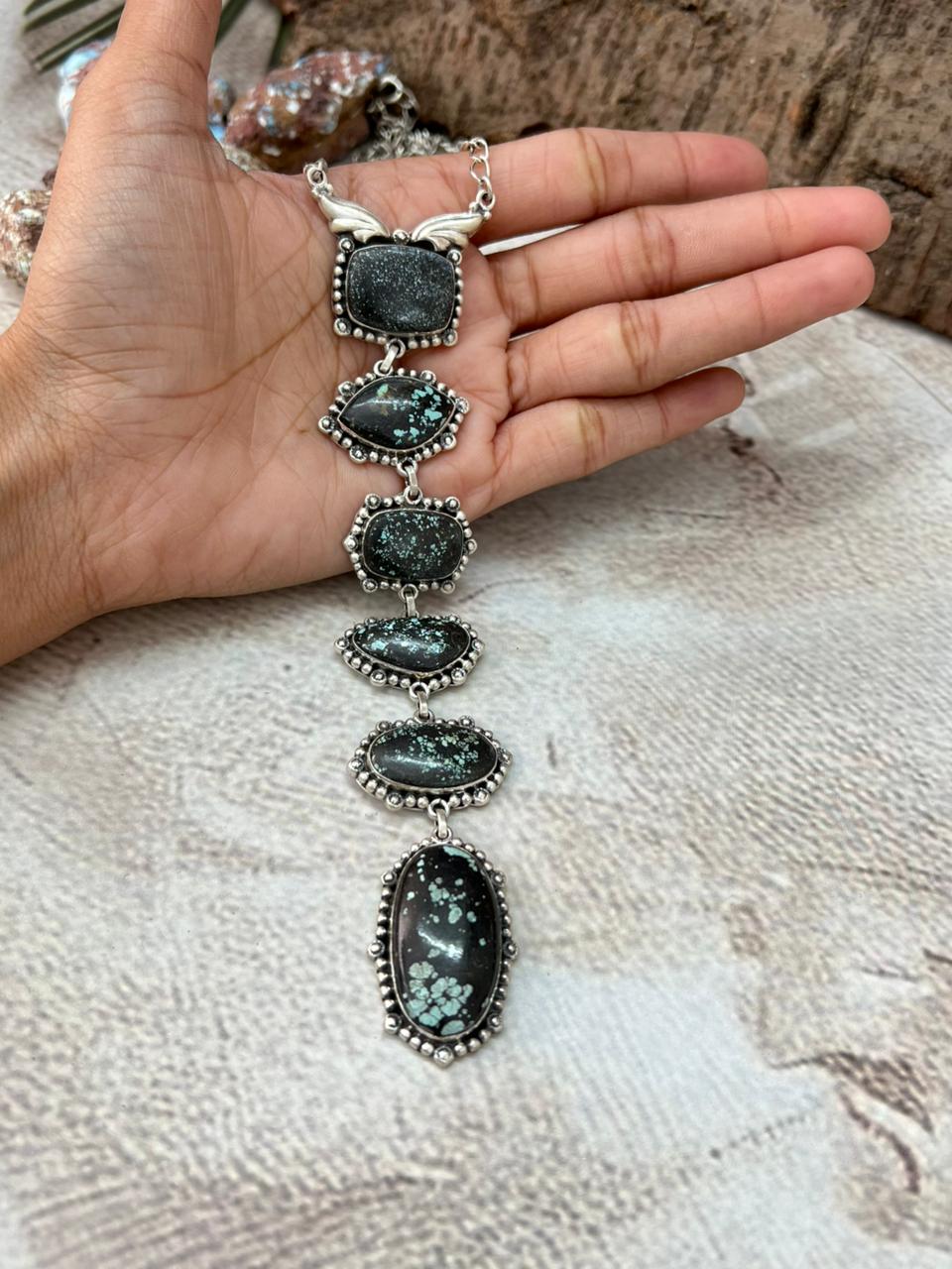 Handmade Sterling Silver Lander Turquoise Necklace with Signed Nizhoni