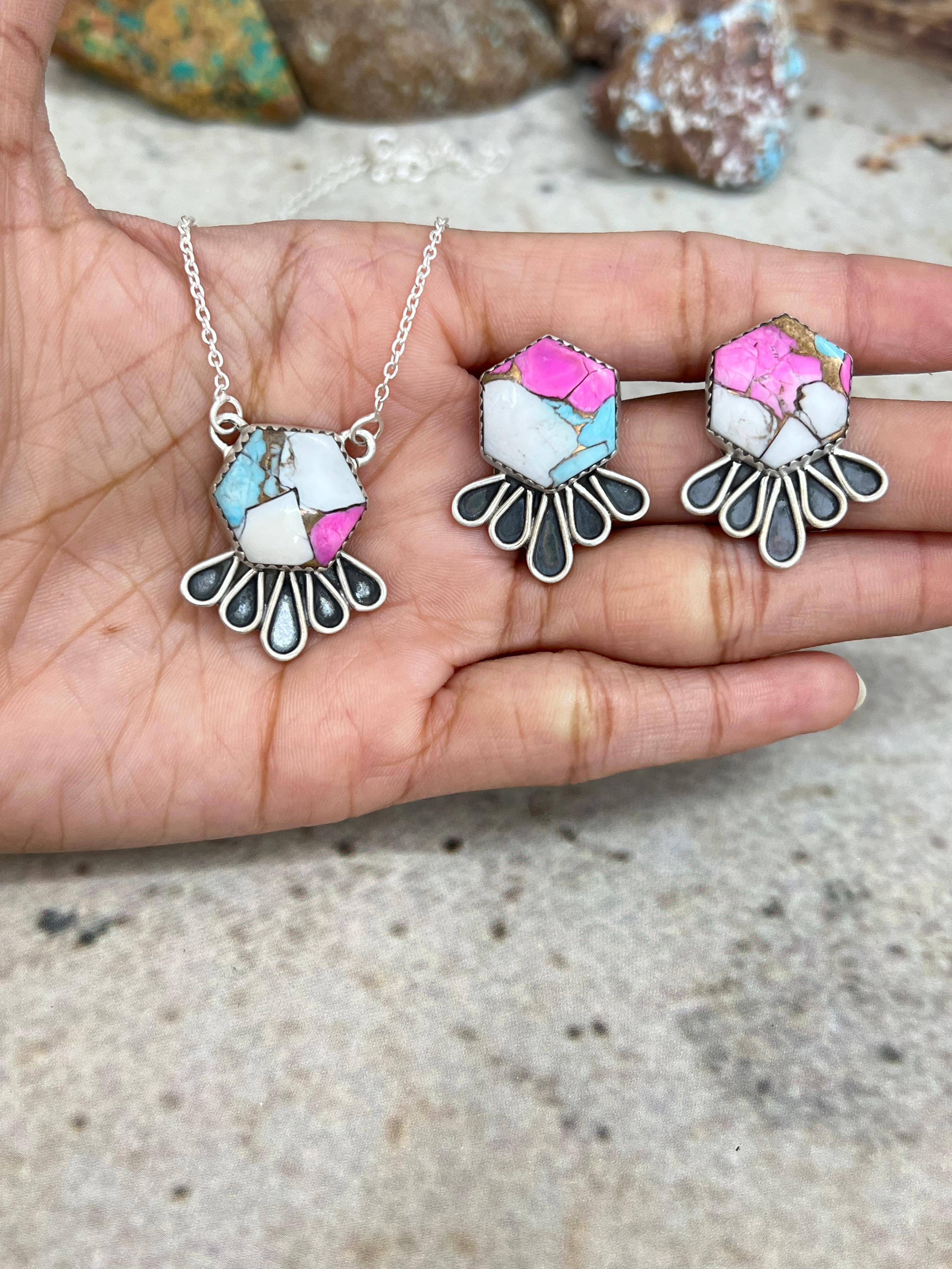 Handmade Sterling Silver Cotton Candy Necklace Earrings Set Signed Nizhoni (5)