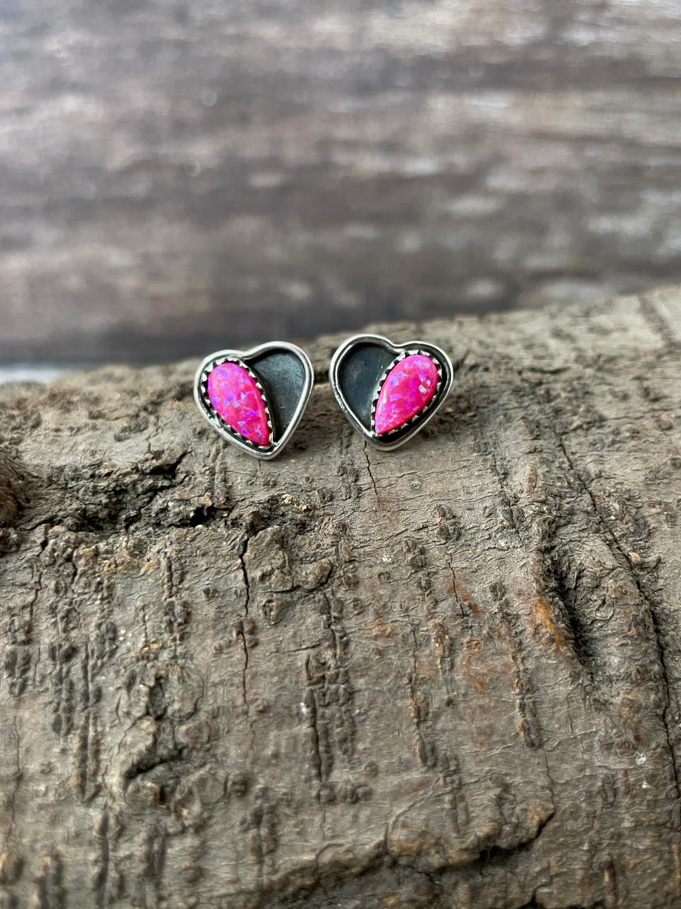 "Heart Collection" Handmade Sterling Silver Hot Pink Post Studs Earrings "Signed Nizhoni"