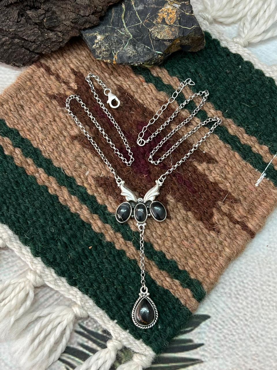 Handmade Sterling Silver Blackjack Turquoise Drop Necklace "Signed Nizhoni"