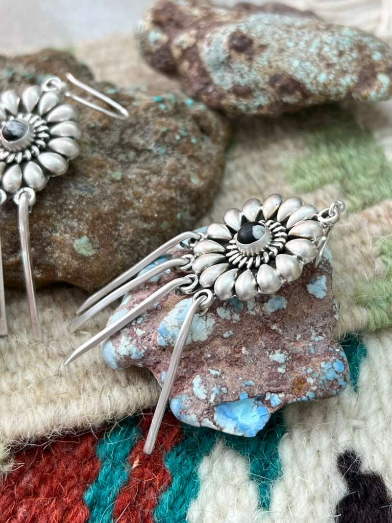 Handmade Sterling Silver White Buffalo Post Dangle Earrings "Signed Nizhoni"