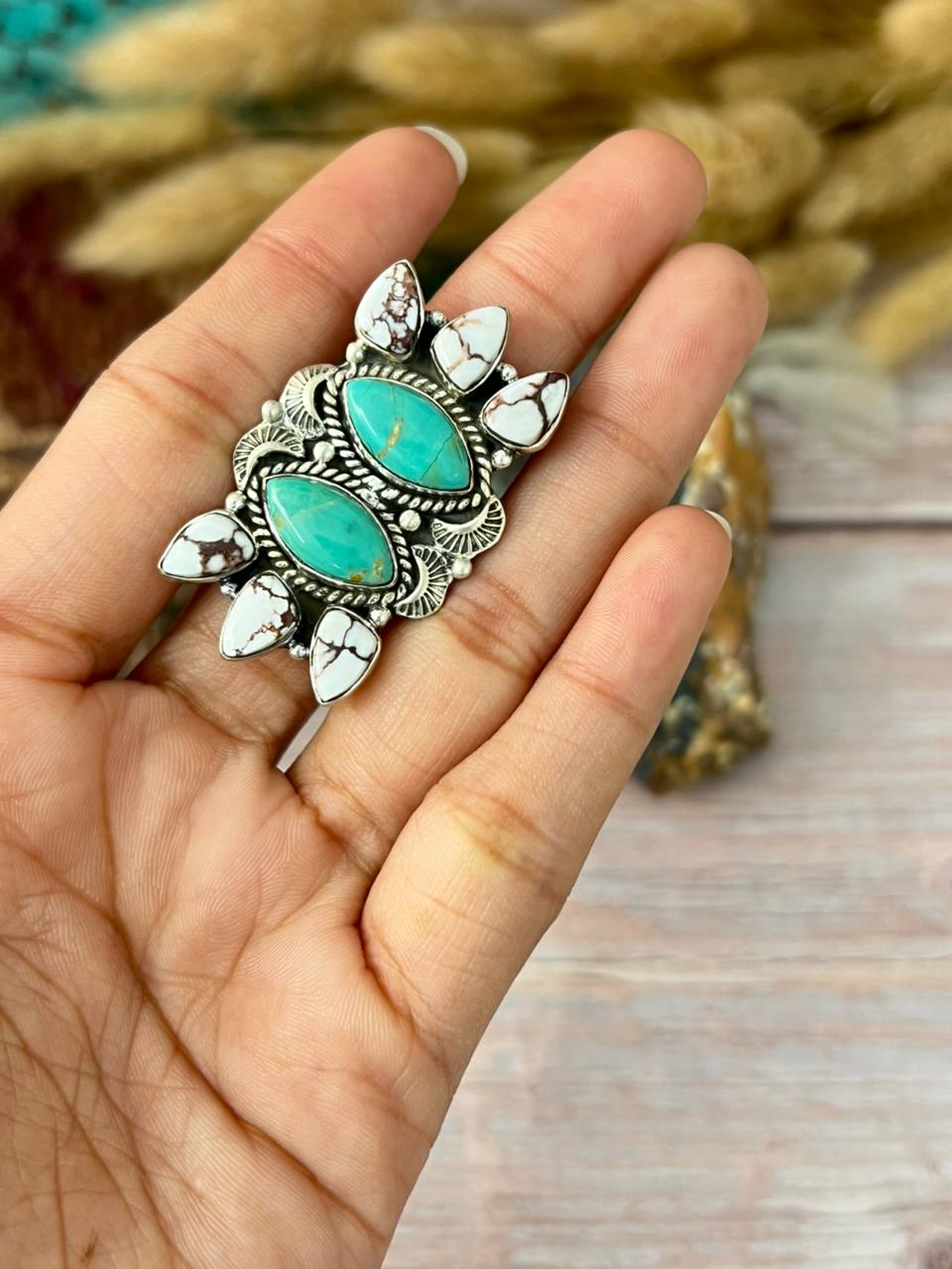 Handmade Sterling Silver Kingman with Wildhorse Magnesite Adjustable Ring "Signed Nizhoni"
