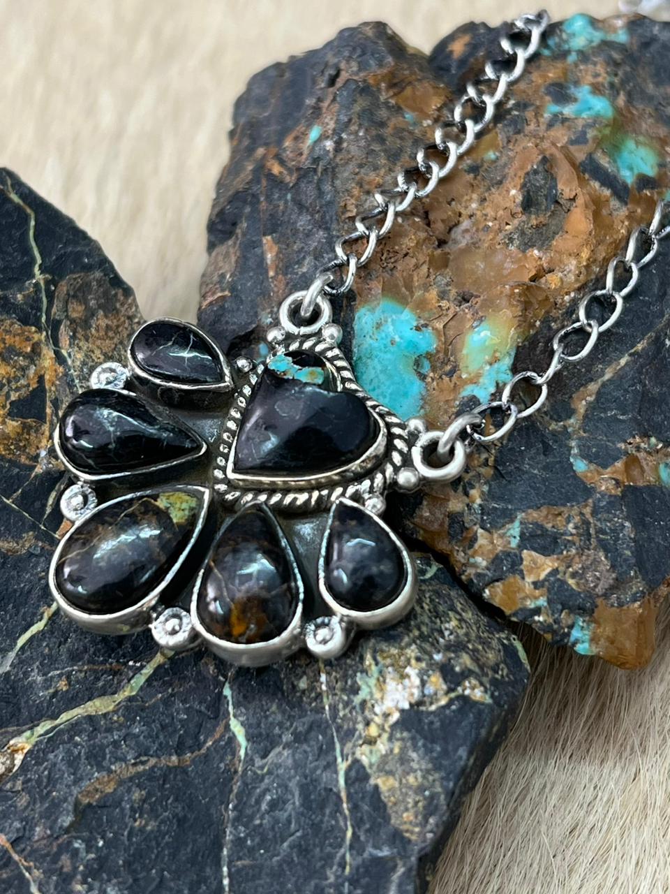 Handmade Sterling Silver Blackjack Turquoise Necklace "Signed Nizhoni"