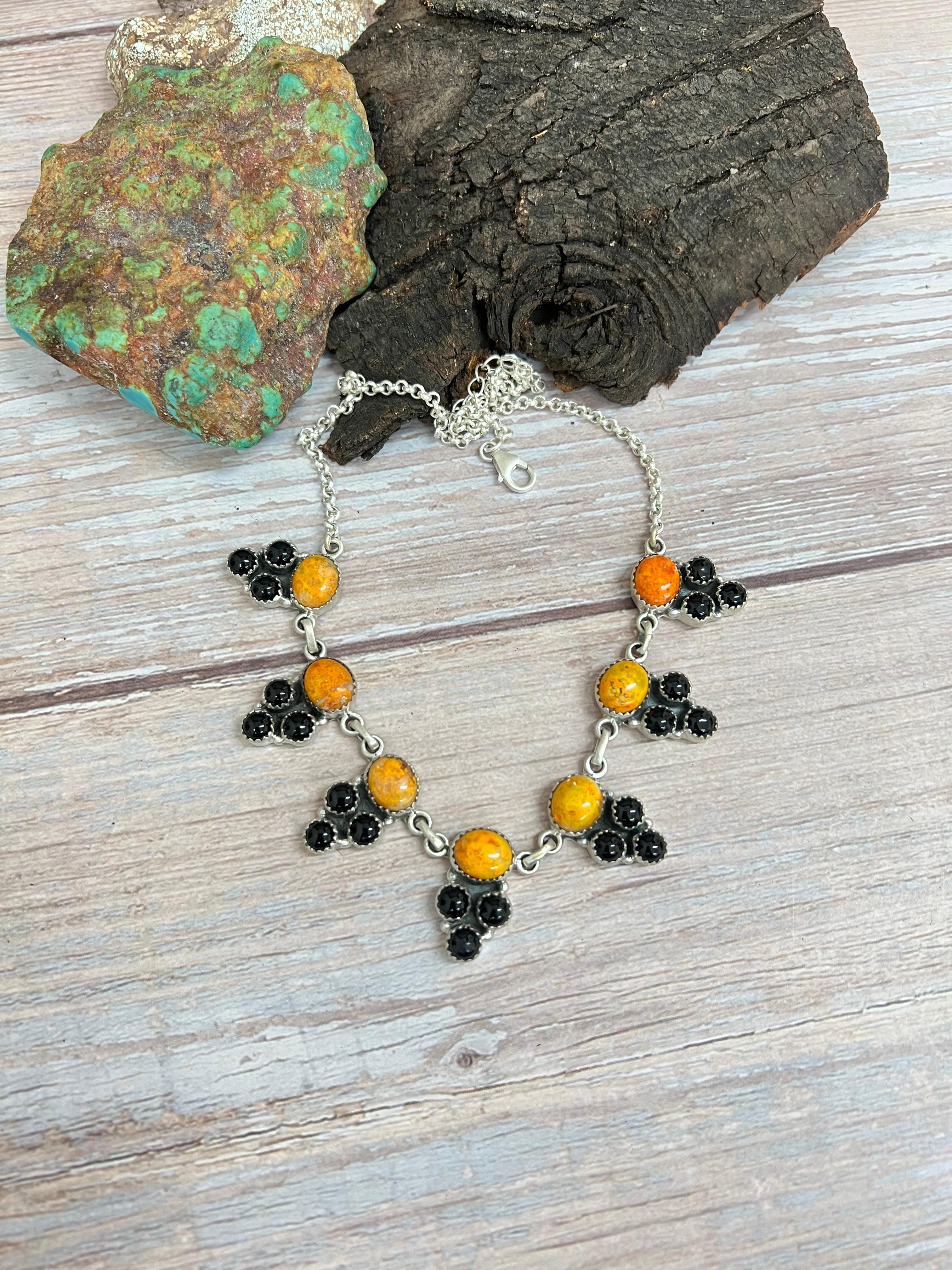 "Halloween Collection" Handmade Sterling Silver Black Onyx, Bumblebee Necklace with Signed Nizhoni