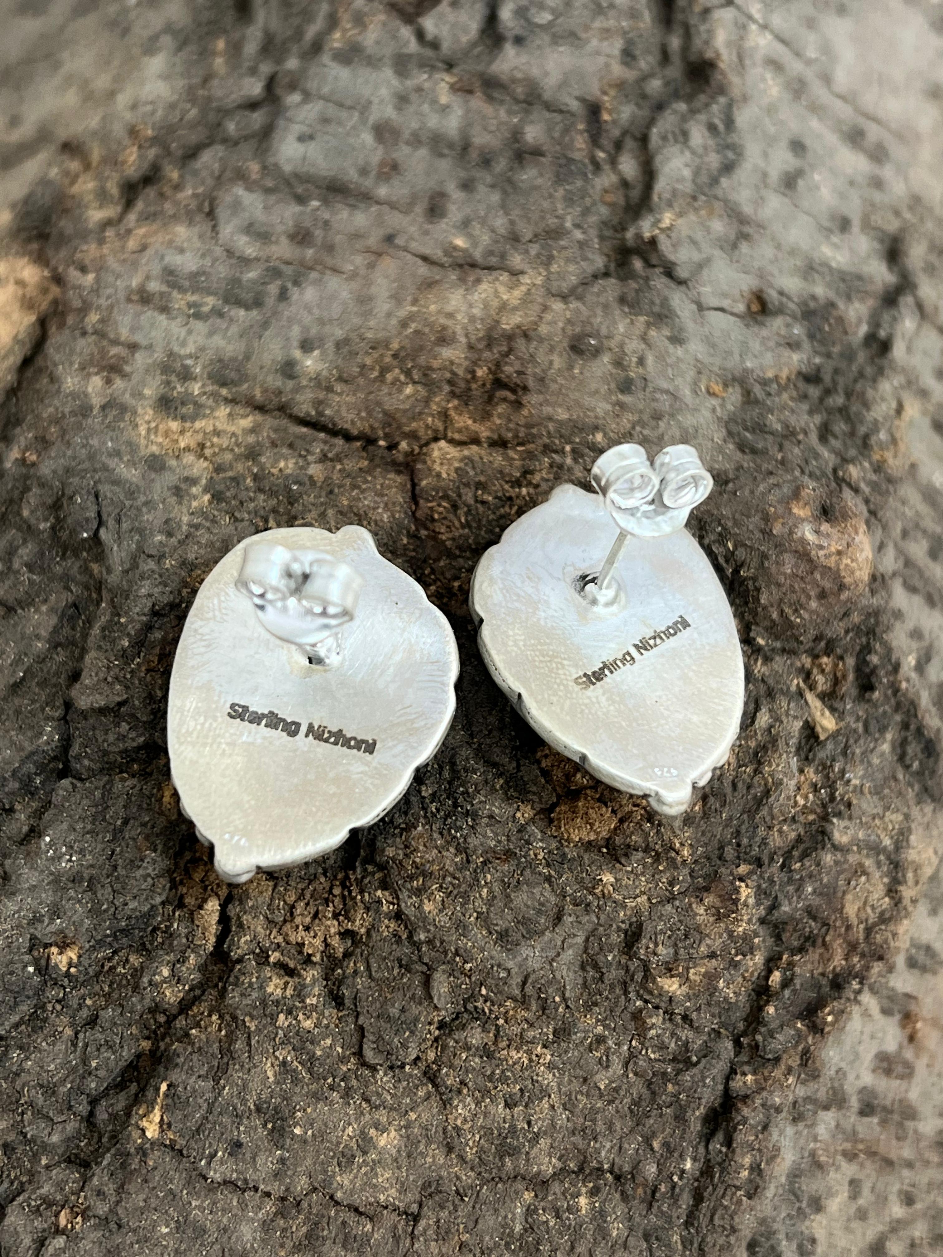 Handmade Sterling Silver Peacock Dahlia Post Earrings with Signed Nizhoni