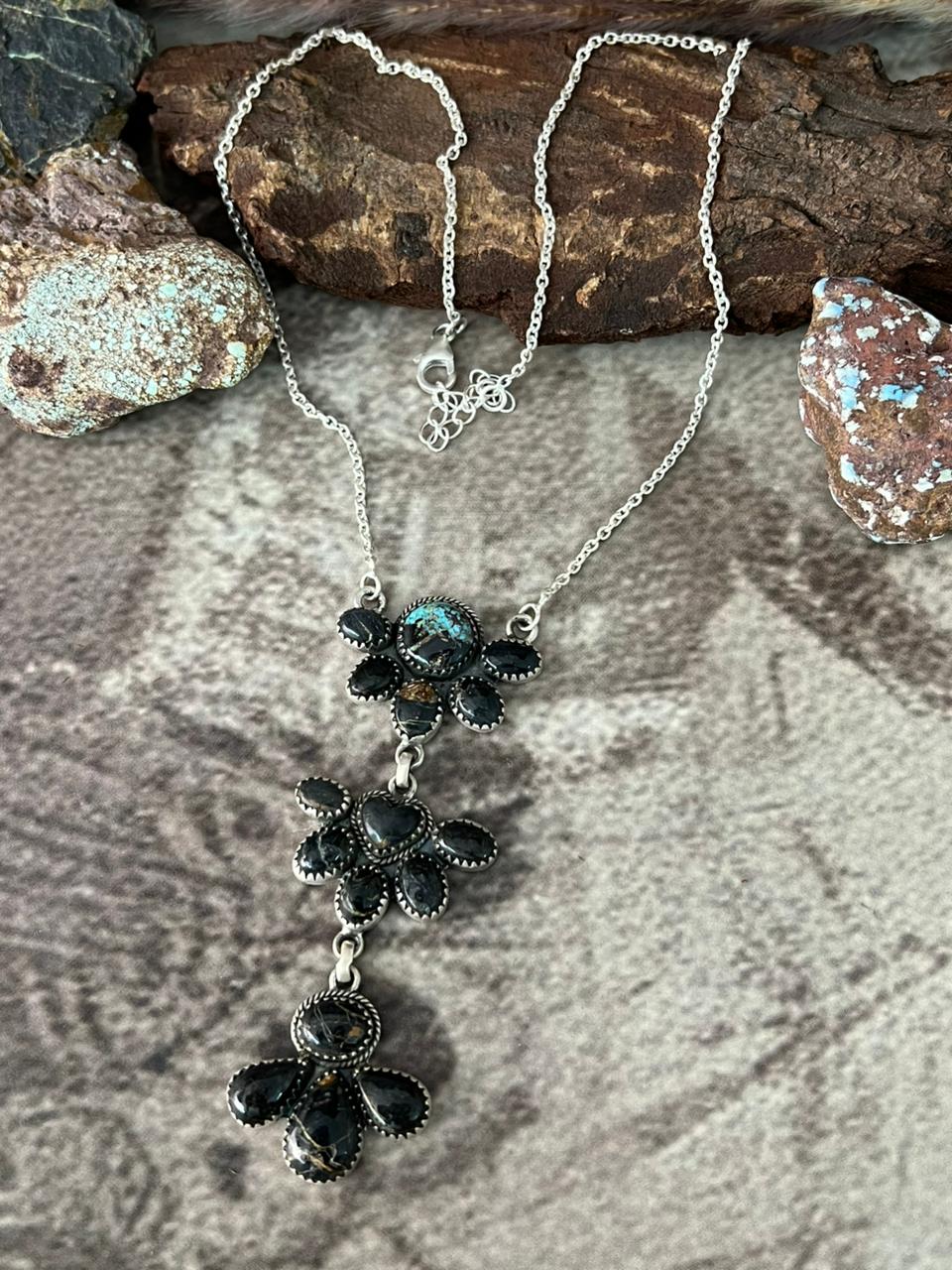 Handmade Sterling Silver Blackjack Turquoise Necklace "Signed Nizhoni"